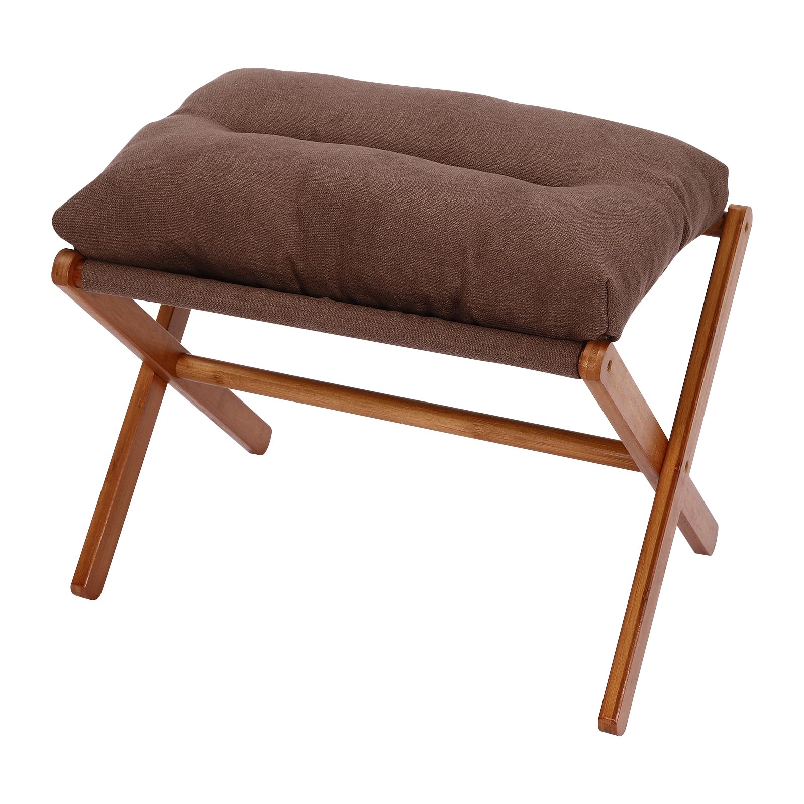 Tyvotrend Folding Footrest Stool, Wooden Foldable X Leg Foot Rest, Foot Stools with Removable Soft Cushion, Bamboo Shoe Changing Stool, for Home Living Room Bedroom, 53 x 35 x 36 cm (Brown)