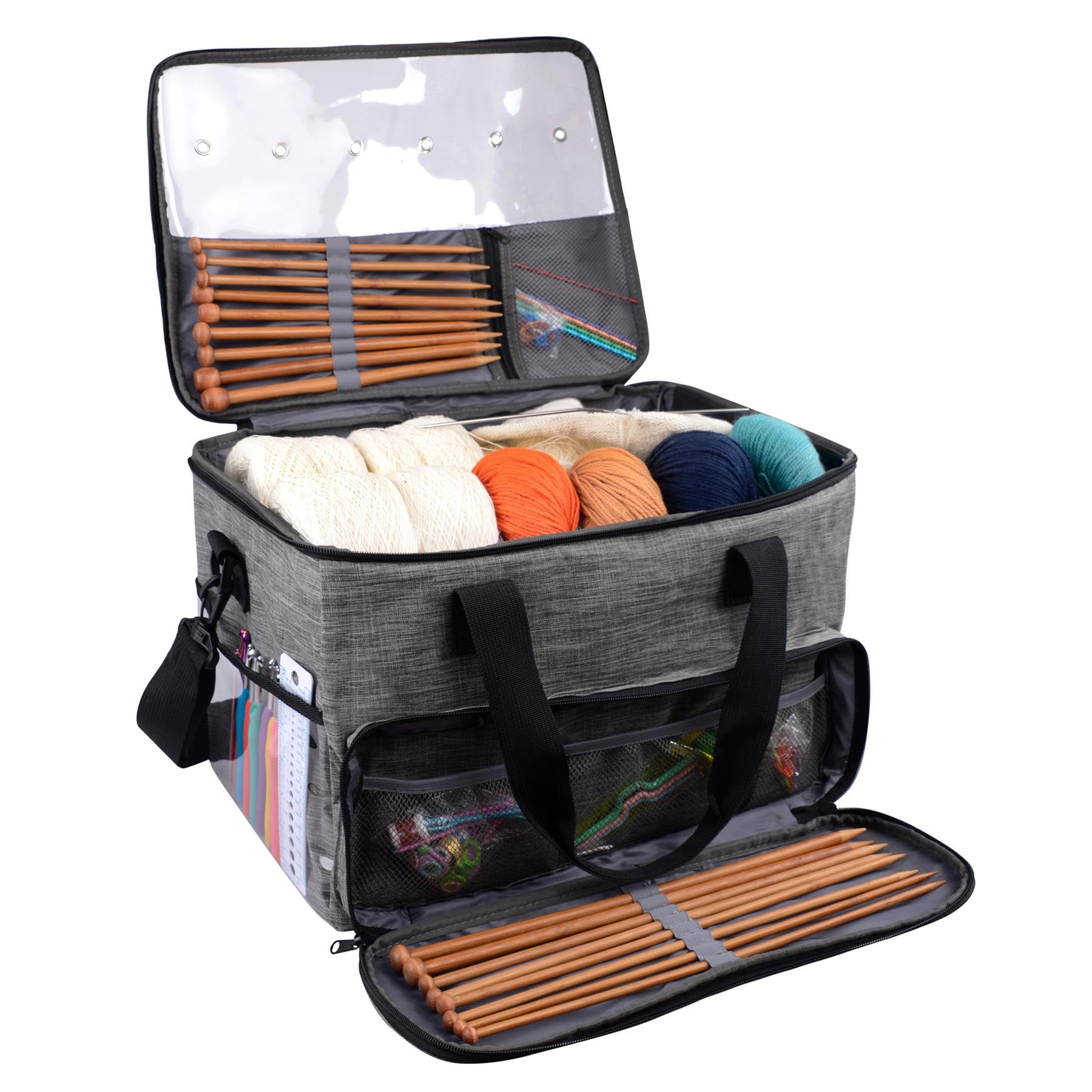 U7254 Borsa Uncinetto Porta Gomitoli Lana, Borsa Cucito, Knitting Bag, Borsa Filati con Tracolla 124 cm - Grigio