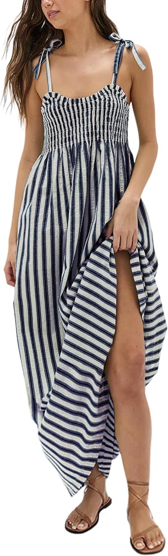 Lentta Womens Striped Smocked Maxi Dress Causal Spaghetti Strap Stretchy Flowy Swing Long Dress with Pockets