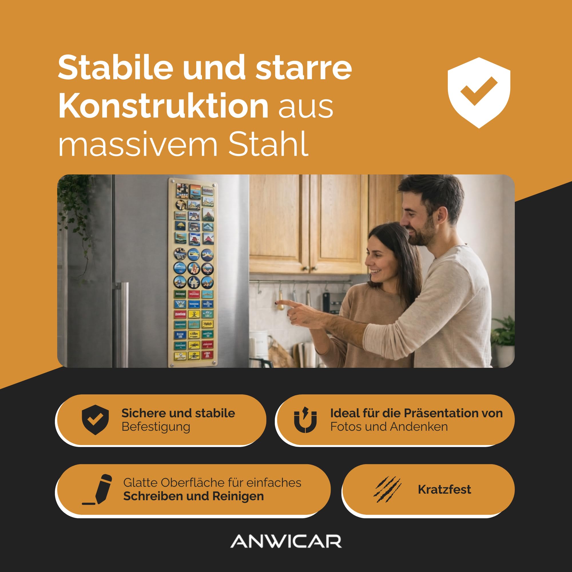 Magnettafel - Magnetische Pinnwand 70x20 cm aus Stahl, ideal für Magnete und Notizen, magnetisches Whiteboard, beschreibbare Tafel mit Kreidemarkern, inkl. Montageset - Schwarz
