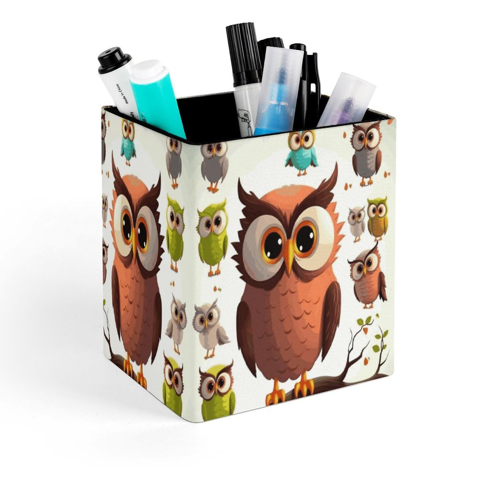 FekiLoot Cartoon Owl Pencil Holder for Desk Square Leather Pen Holder Cup Desktop Organizer Multi-Functional Pencil Cup Holders Modern Decorative Desk Organizer Caddy Makeup Brush Holders