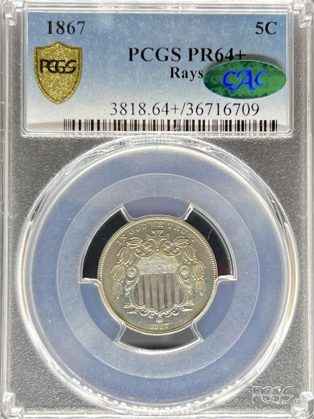 1867 W/Rays Shield Nickel PR64+ PCGS CAC 5C Coin (PA36716709) by GENERIC – Nickel