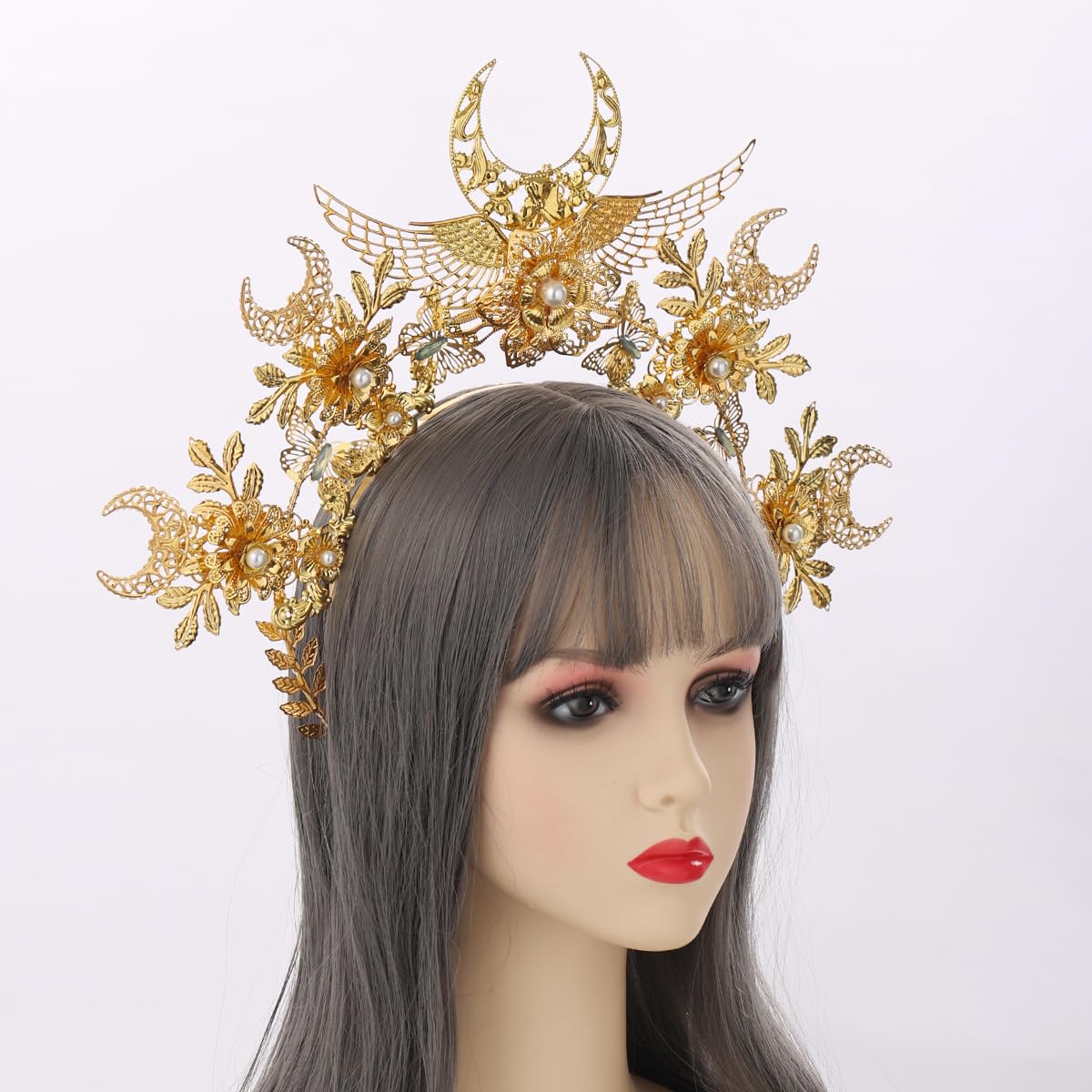 COSDREAMER Virgin halo headpiece crown Silver pearl Women's Masquerade Crown Sunburst Halo Crown Headband Women's Headband Party Costume Accessories (Glod) - Image 4