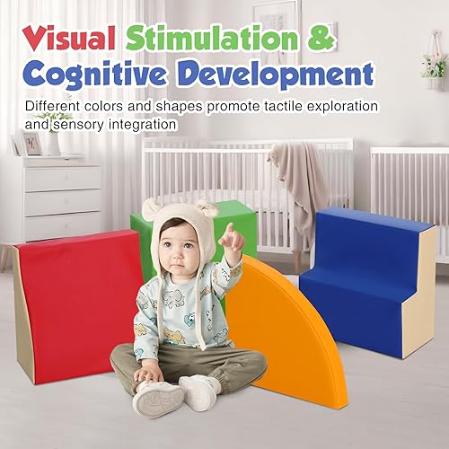 Miniatura 8 de Juguetes de escalada de cuero sintético suave de 4 piezas, bloques de escalada de espuma para niños pequeños, estructura de escalada de espuma para