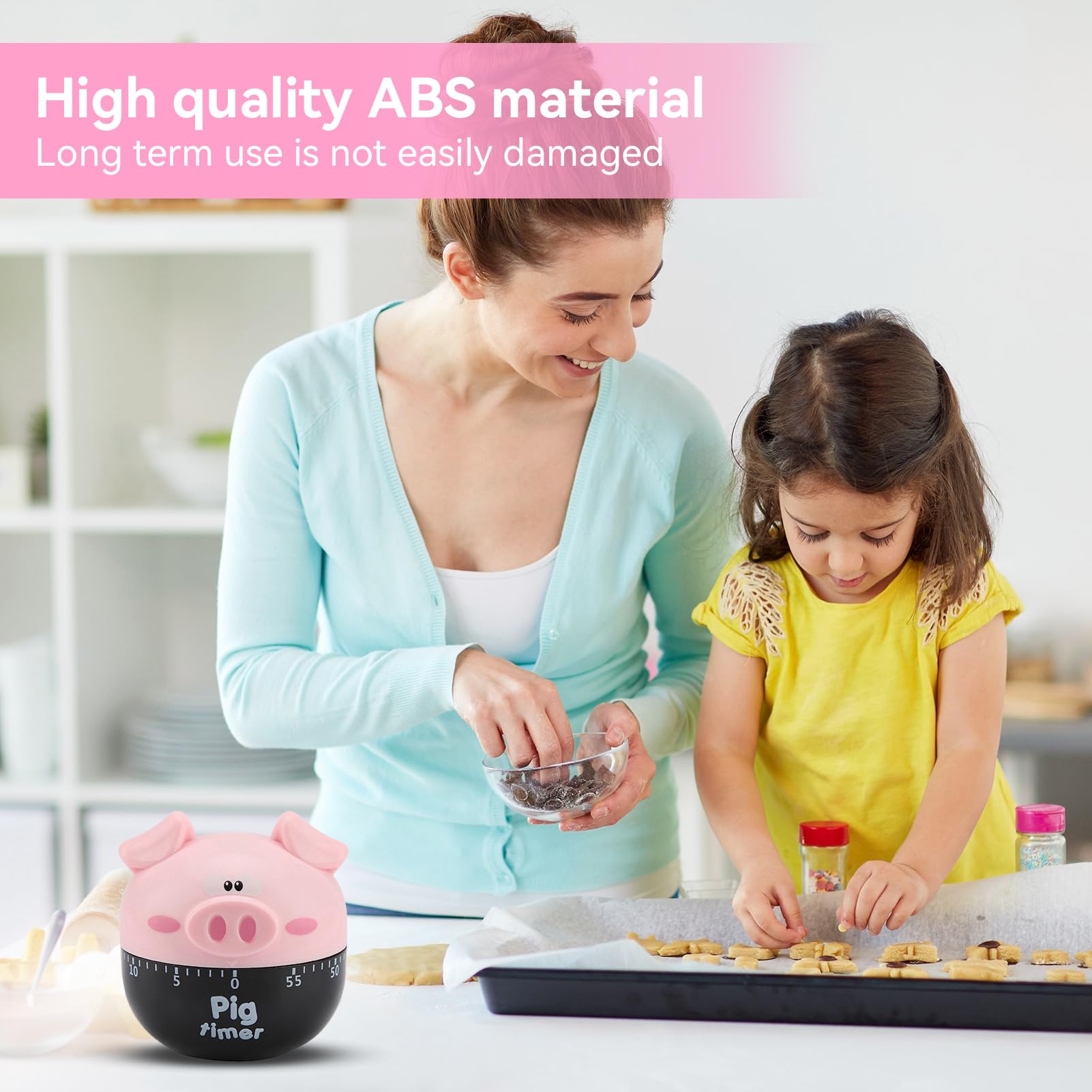 Cute Kitchen Timer, Piggy Timer 55 Minutes Pig Shape Cooking Timer Manual Kitchen Timer Funny Mechanical Kitchen Timer for Cooking (Pink)