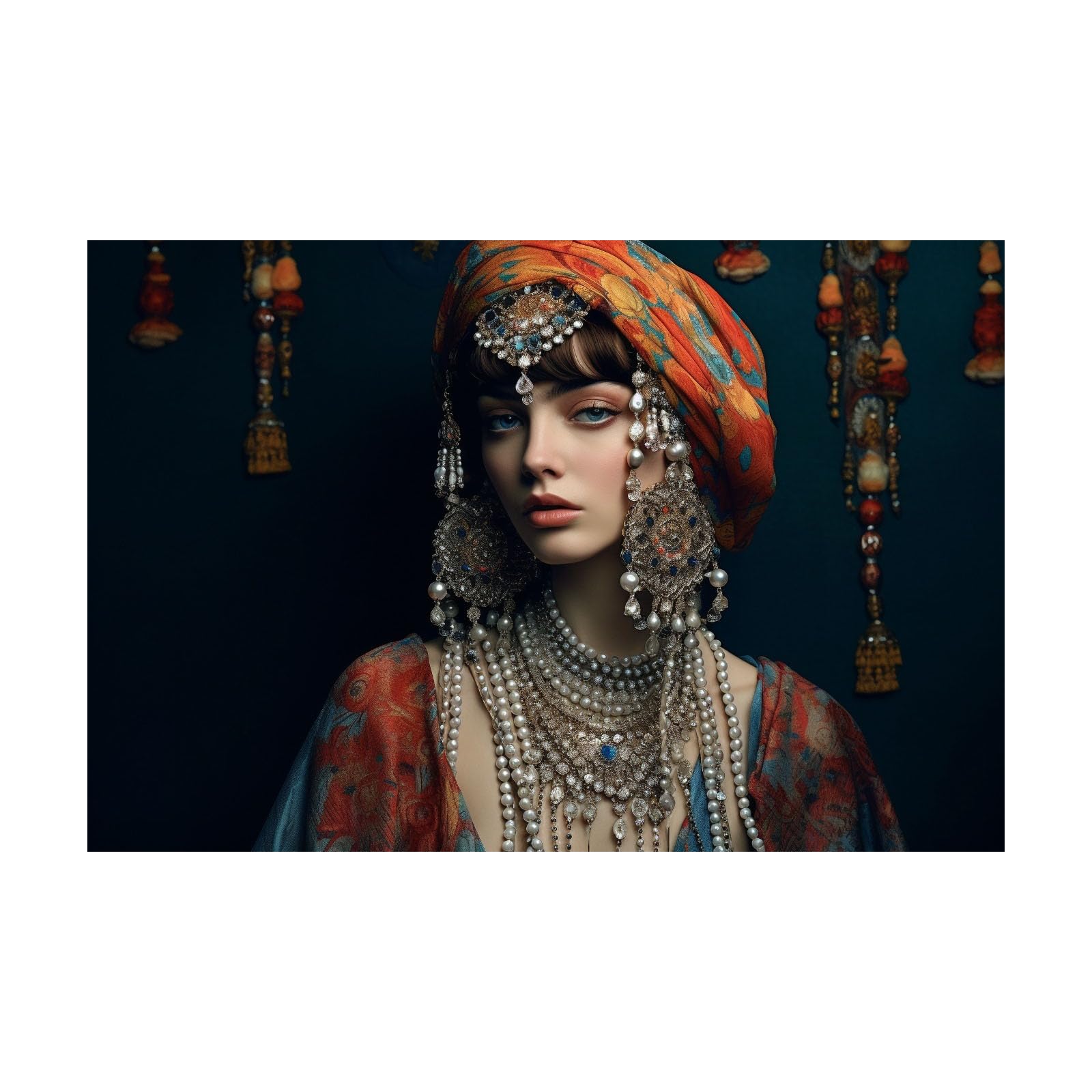 TERUEA Vintage Bathroom Wall Art - Woman In Colorful Turban With Layered Pearl Jewelry Vintage Humor Wall Poster for Bathroom Toilet Decor(Multi)-60x90cm Unframed