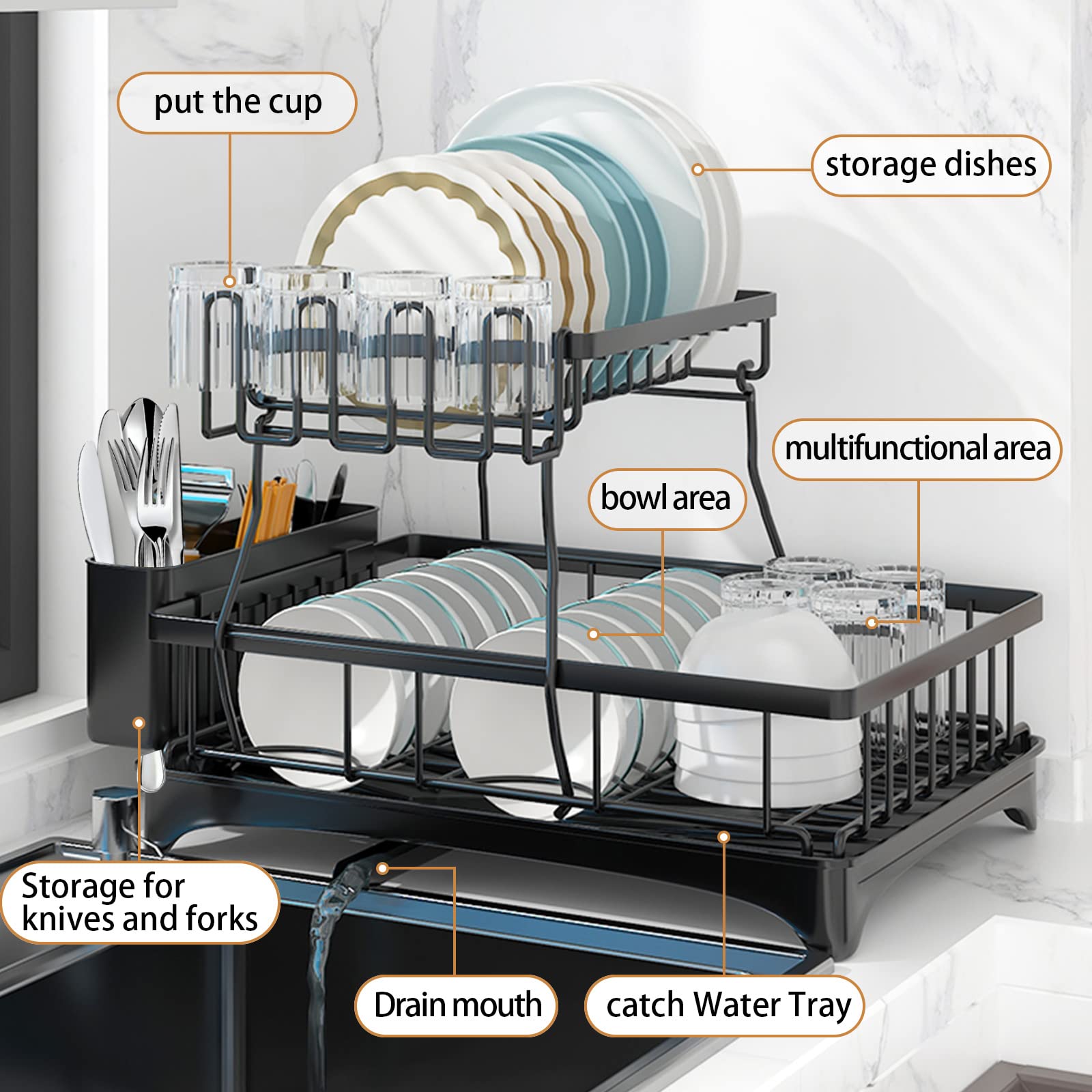 TidyIsles Escurreplatos – Escurridor de platos de 2 niveles que ahorra espacio con soporte para utensilios, escurridor de platos para encimera de cocina, escurridor de fregadero con estante para tabla