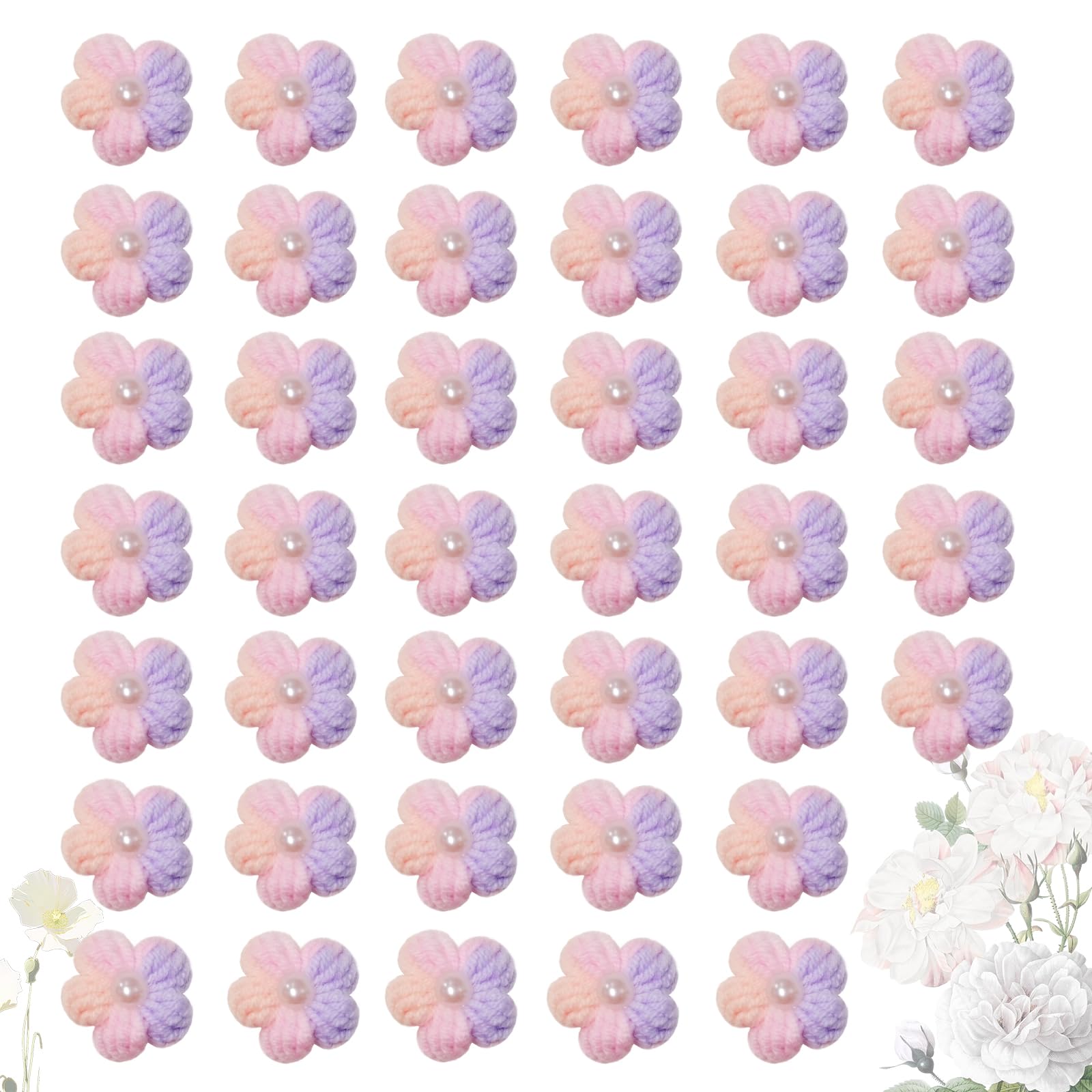 Jtnohx Knitted Flower Patches，Crochet Flowers Applique，40pcs Handmade Floral Sew on Patches，2cm DIY Appliques Embellishments with Pearl, Crochet Floral for Crafts,Sew Accessories(Purple/Pink/Apricot