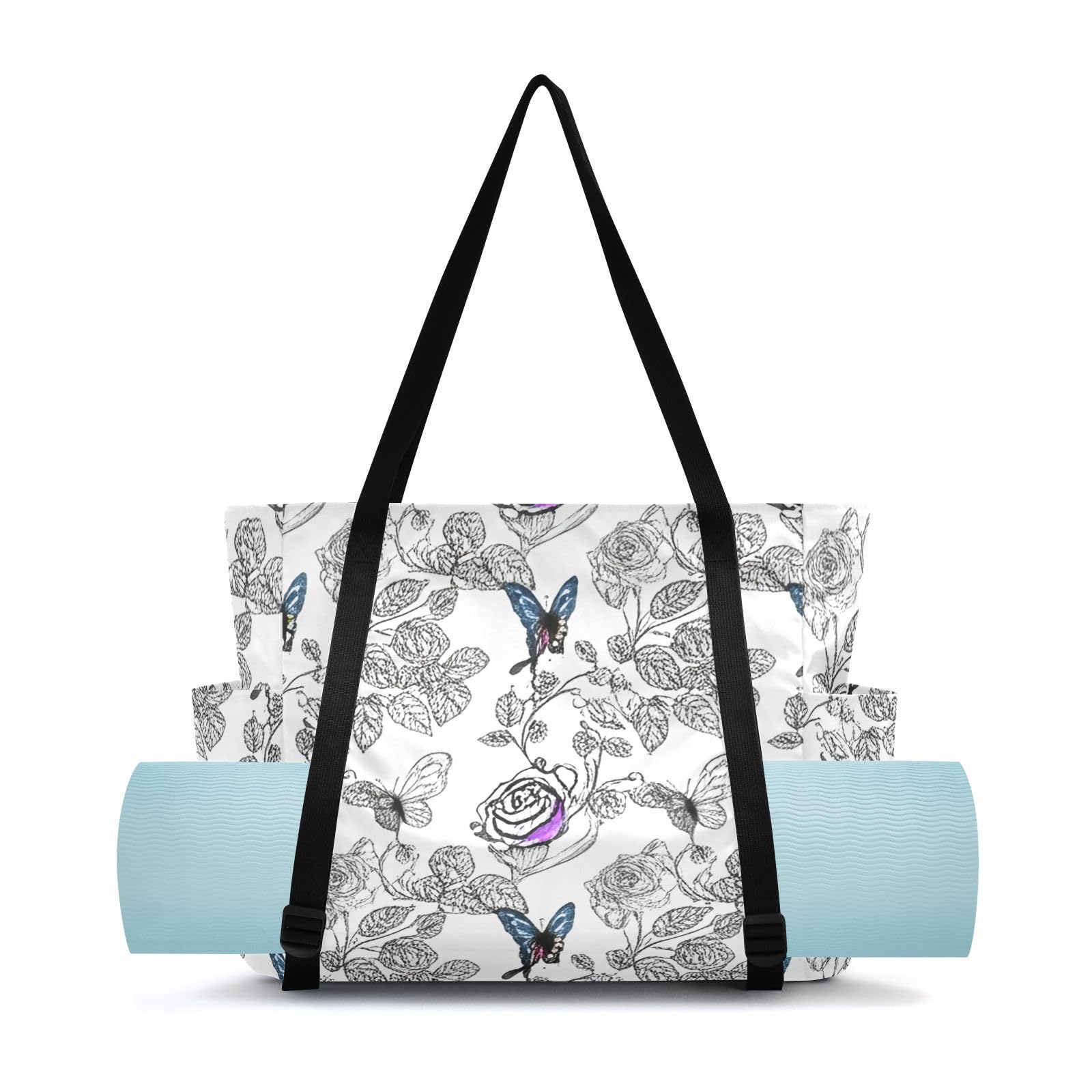 Lxqimora Roses Butterflies Dreamy White Yoga Mat Bag for Women Water-Resistant Gym Bag with Yoga Mat Holder Tote Bag for Gym Pilates Travel Yoga