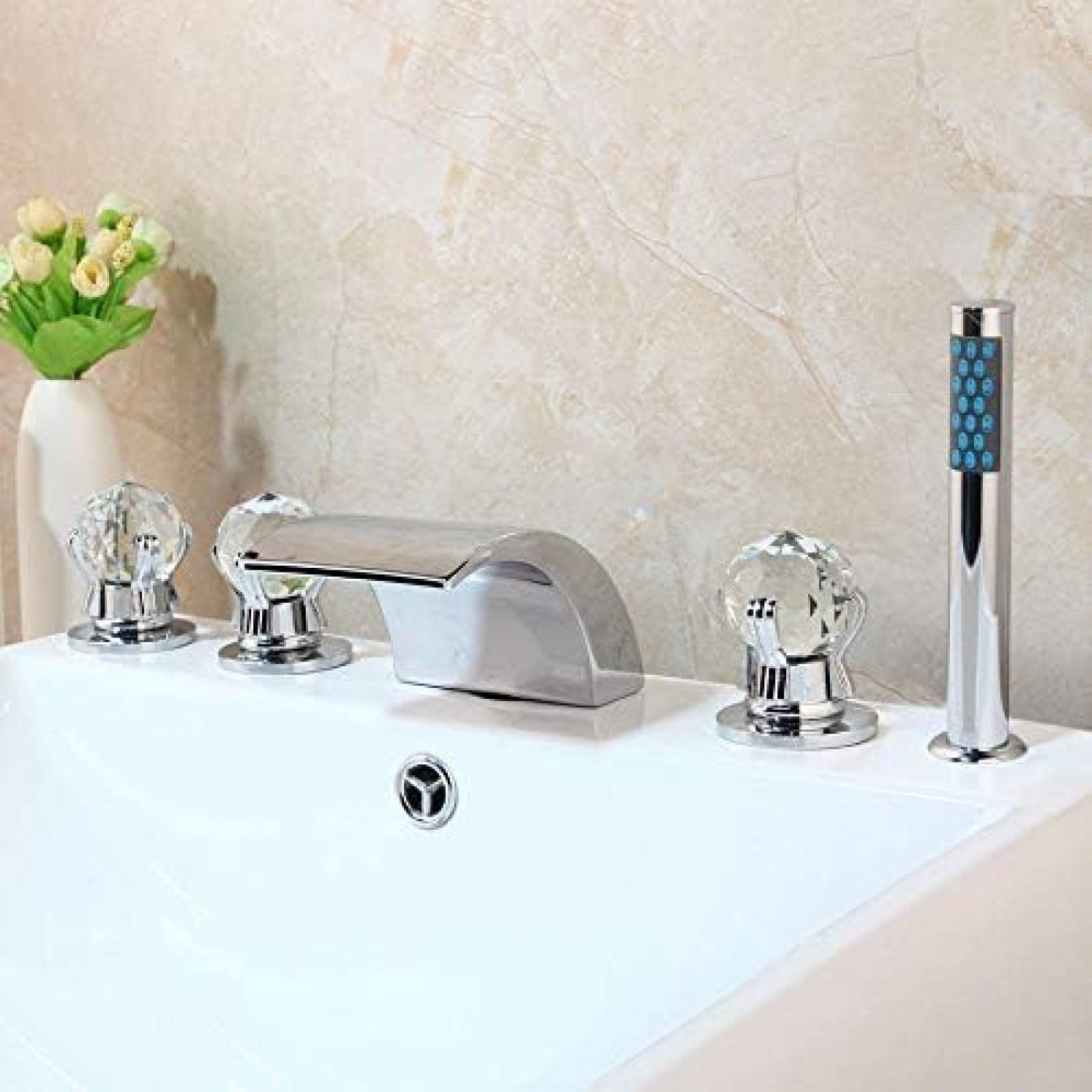 Sxithgkdw Faucet, Deck Mounted 5 Pcs Set Faucet Waterfall Spout With Hand Shower Bathroom Tub Faucet Bath Hand Shower