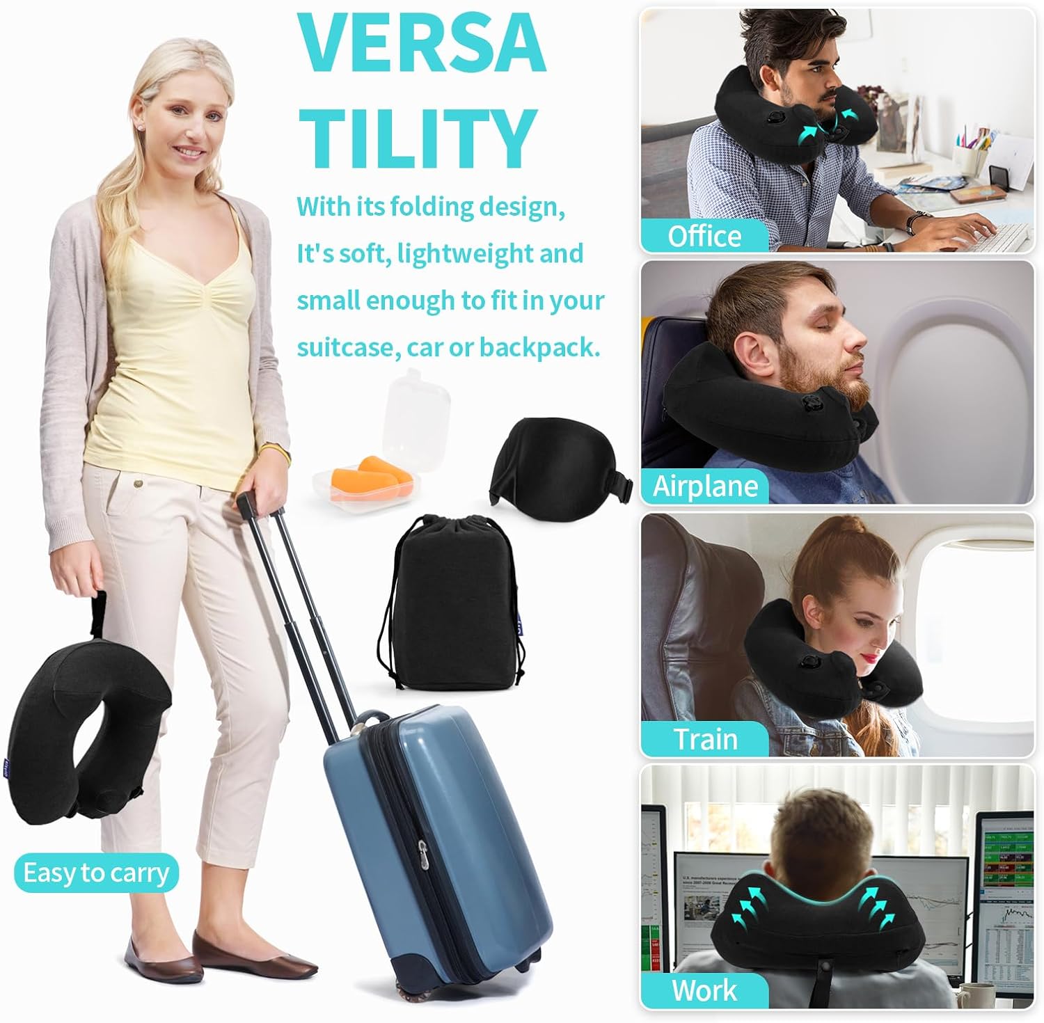 Inflatable Travel Neck Pillow for Airplane, Head Support Velvet Adult Neck Pillow for Long Flight, Kit with Eye Mask, Earplugs and Storage Bag,1, Black - Image 6