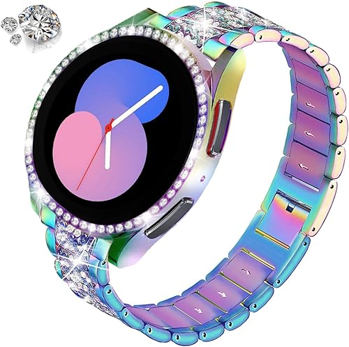 Vista 209 de Correas compatibles con Samsung Galaxy Watch FE / 5/4 de 1.575 pulgadas, correa de metal con diamantes de imitación brillantes de 0.787 pulgadas