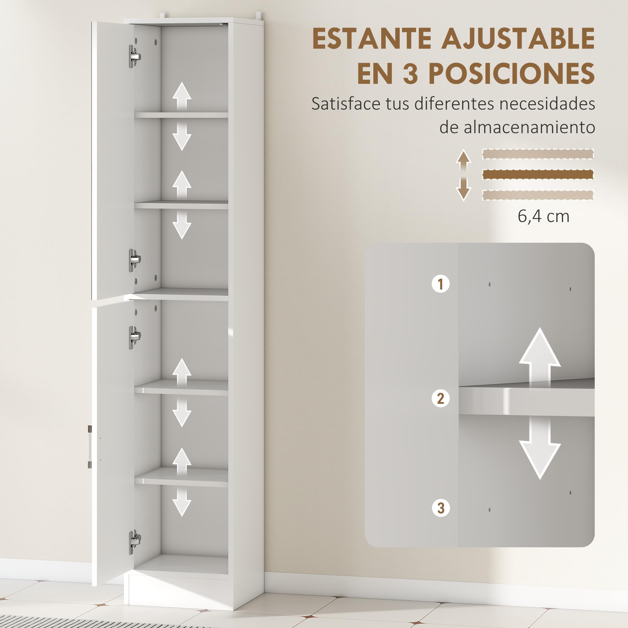 kleankin Armario para Baño Alto Mueble Columna de Baño con Espejo 2 Puertas y Estantes Interiores Ajustables Multiusos para Cocina Salón 32x28x162 cm Blanco