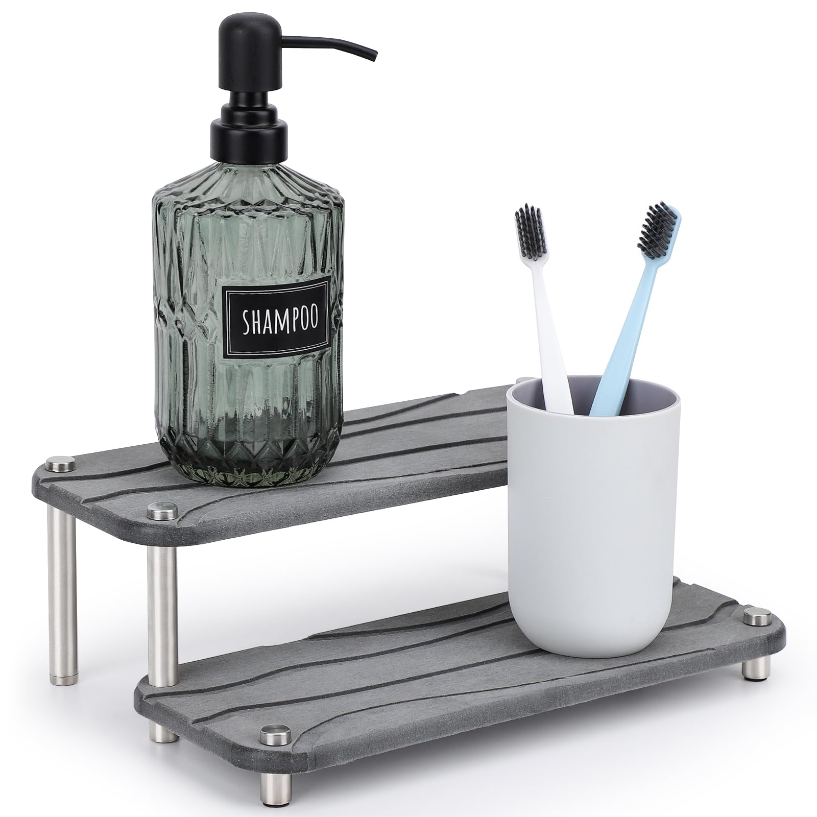 Segbeauty 2 Tier Fast Drying Diatomaceous Earth Tray, 11x4.3in Water Absorbing Stone Drying Vanity Tray for Countertop, Bathroom Counter Rack Kitchen Sink Organizer Dish Soap Sponge Holder Dark Gray