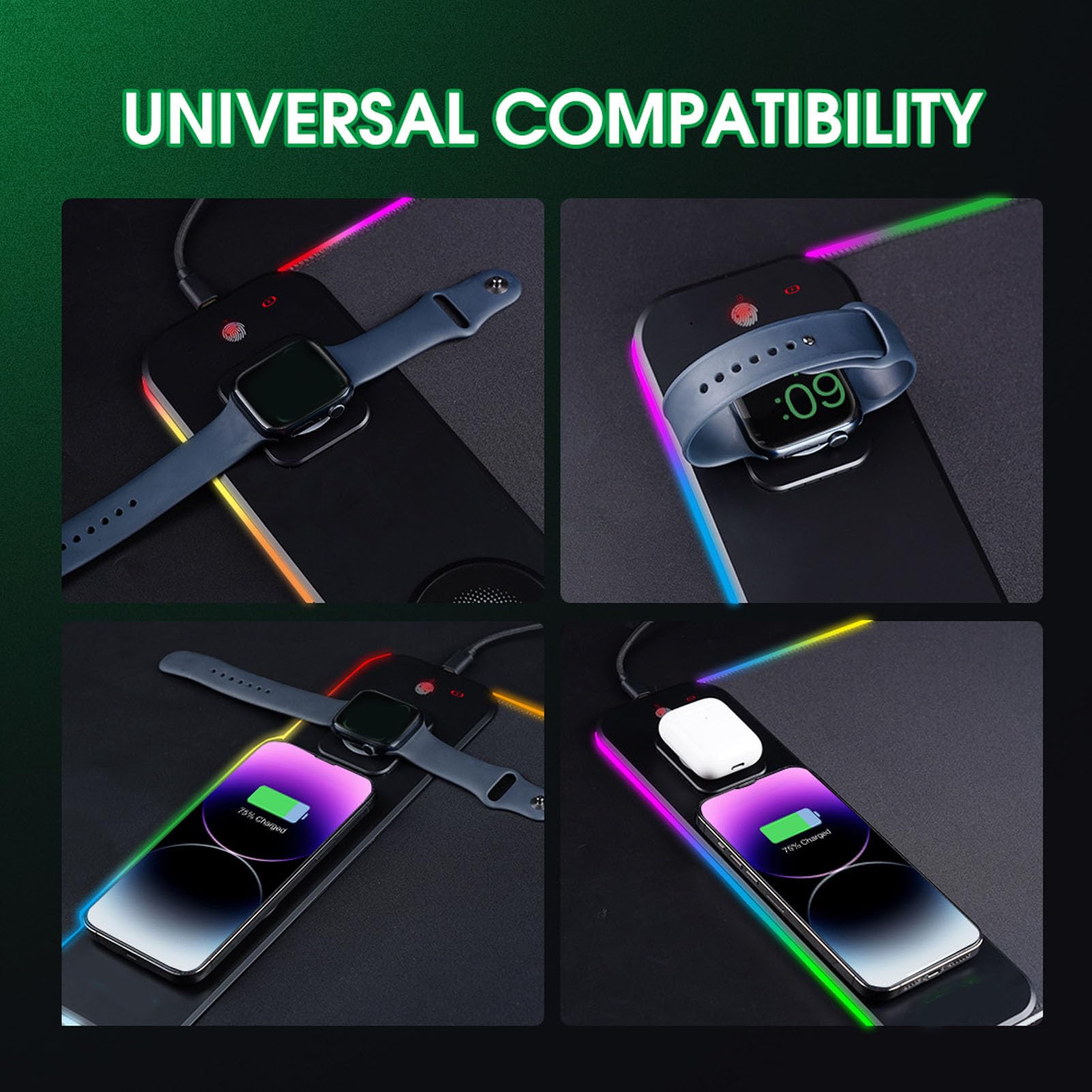 Jiawu Tappetino per Mouse con Ricarica Wireless, Tappetino per Mouse da Gioco LED da 15 W con Base Antiscivolo, Grande per Caricabatterie per Computer RGB per IOS 15/14/13/12, Adatto per Giocatori,