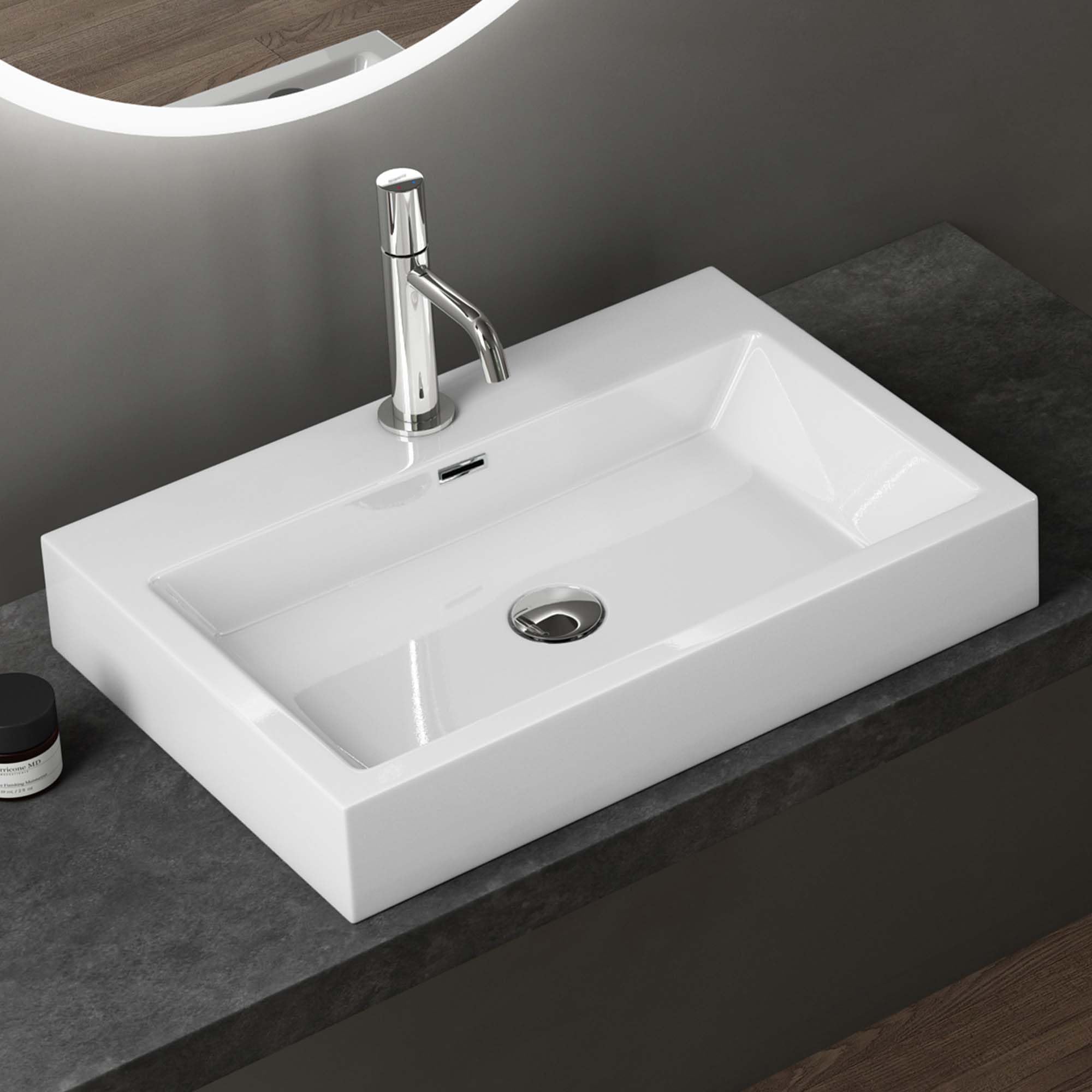 doporro Vasque à Poser Lavabo Suspendu Blanc en Solid Surface 60x42x10cm | pour Salle de Bain, Colossum06