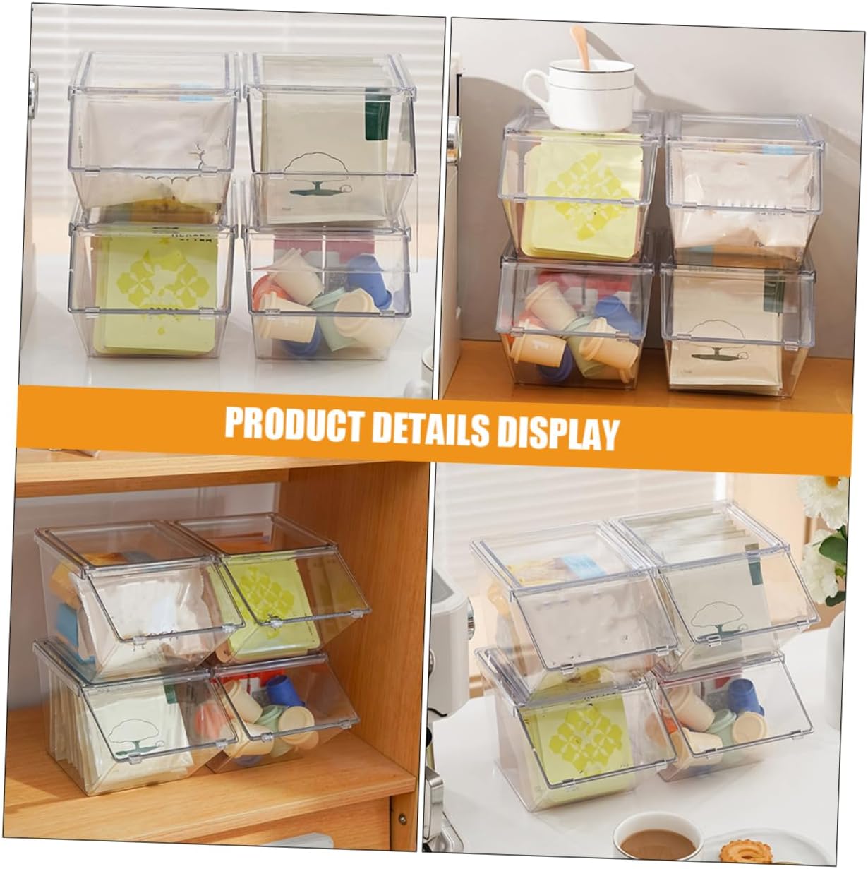 4-Piece Tea Bag Organizer Set Stackable Acrylic Tea Storage Box Lid Coffee Station Holder Sugar Packets and Coffee Large Capacity Desktop Storage Organizer