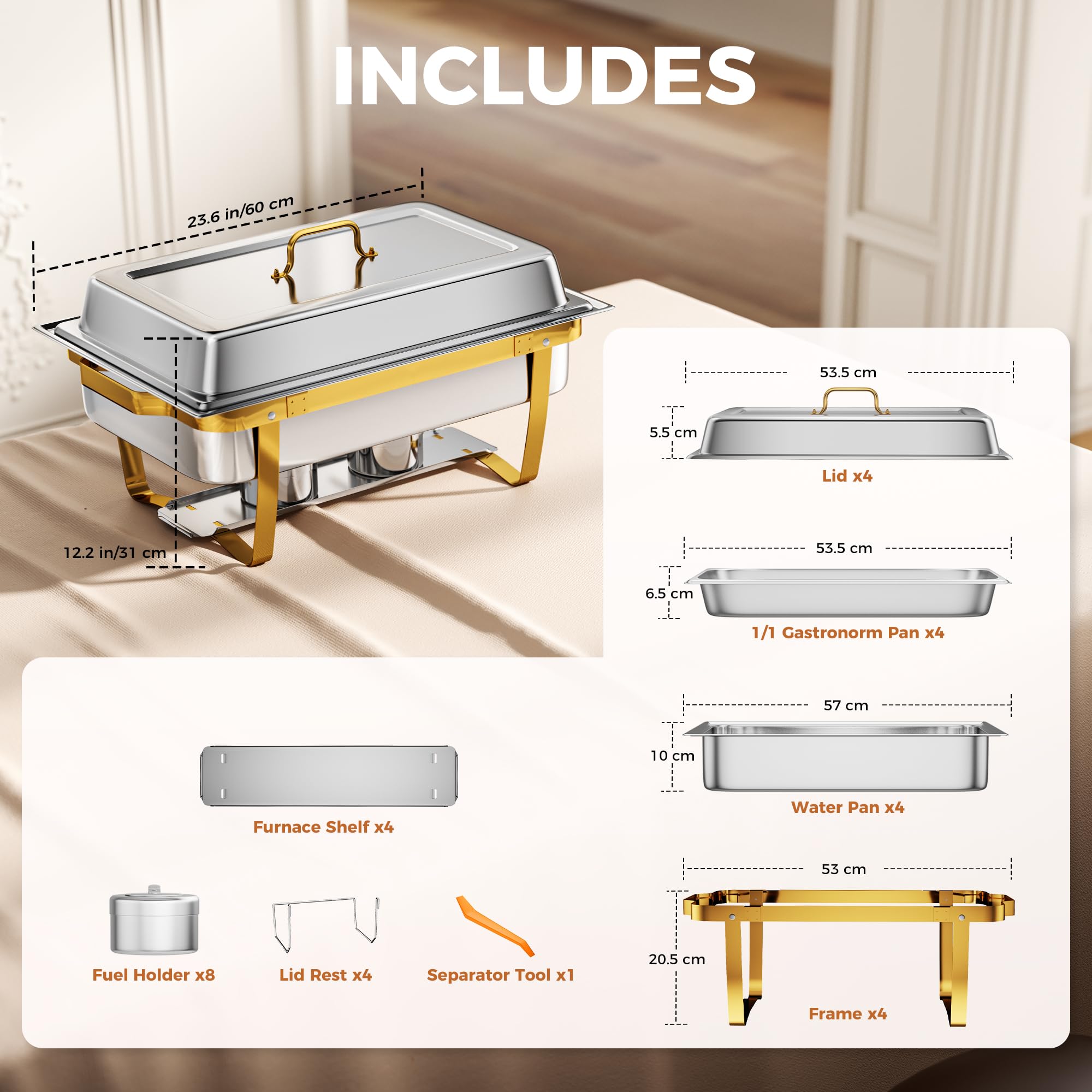 18/8(304) Edelstahl Chafing Dish Buffet Set 4-teilig, 9L