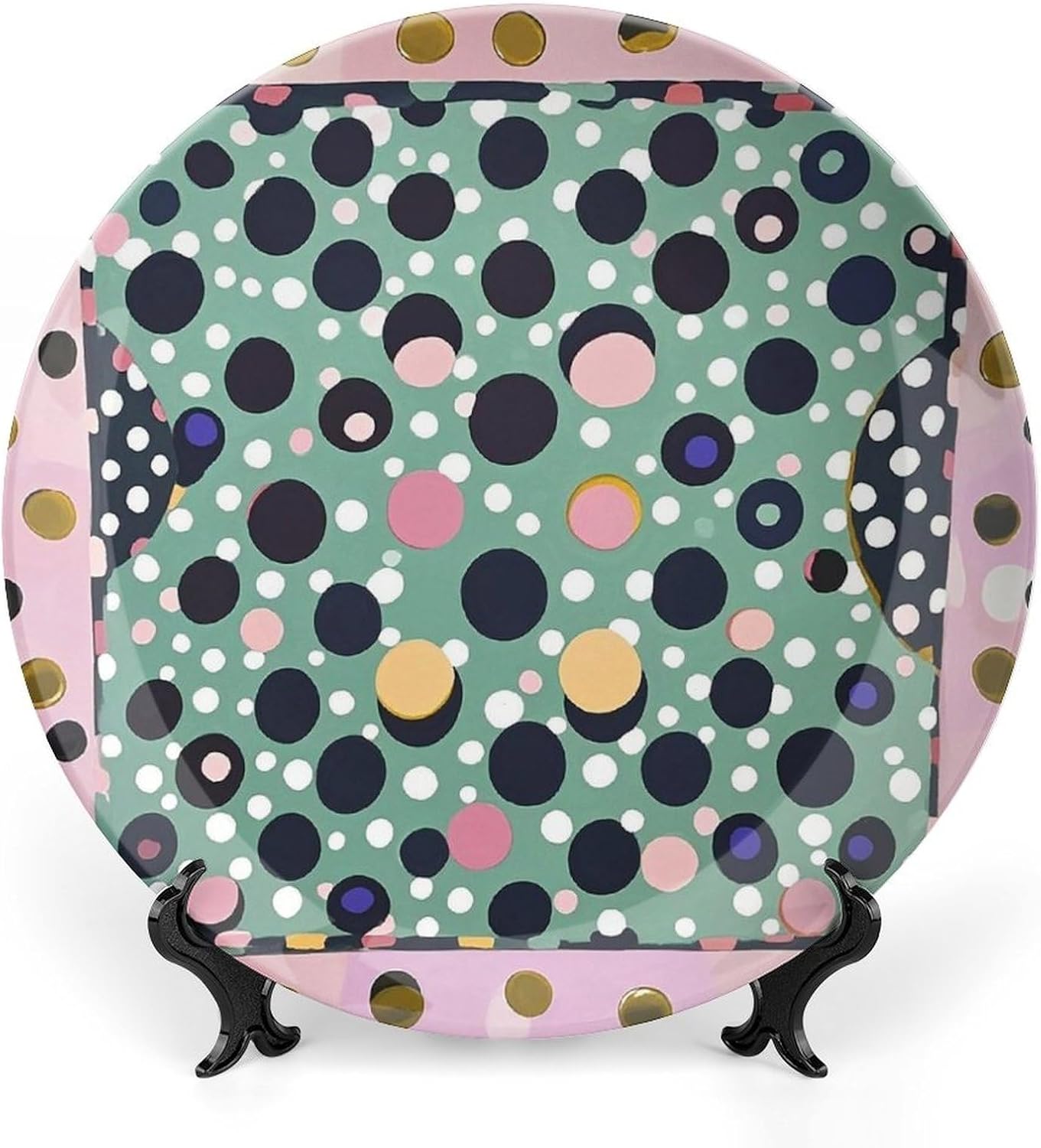 Beautiful Polka Dot Decorative Ceramic Plate Round Porcelain Plate Decor Personalized Bone China Decorative Plates Ceramic Ornaments Dessert Plates with Display Stand 10inch