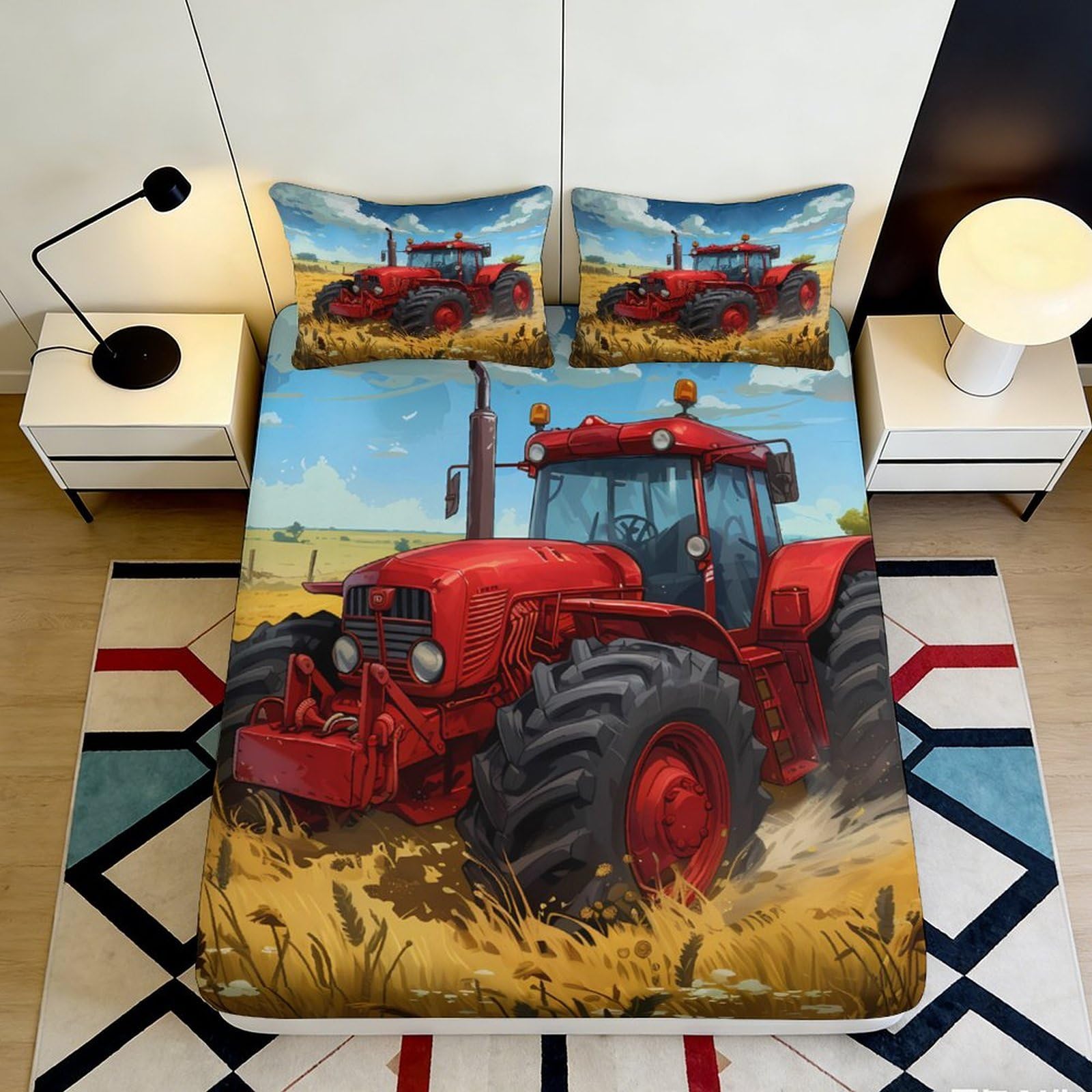3D Printed Farm Tractor Fitted Sheet Microfiber Deep Pocket Full Wrap Rural Mattress Fitted Cover Non-Slip Washable Bedding 200x200x25cm 90x200x25cm