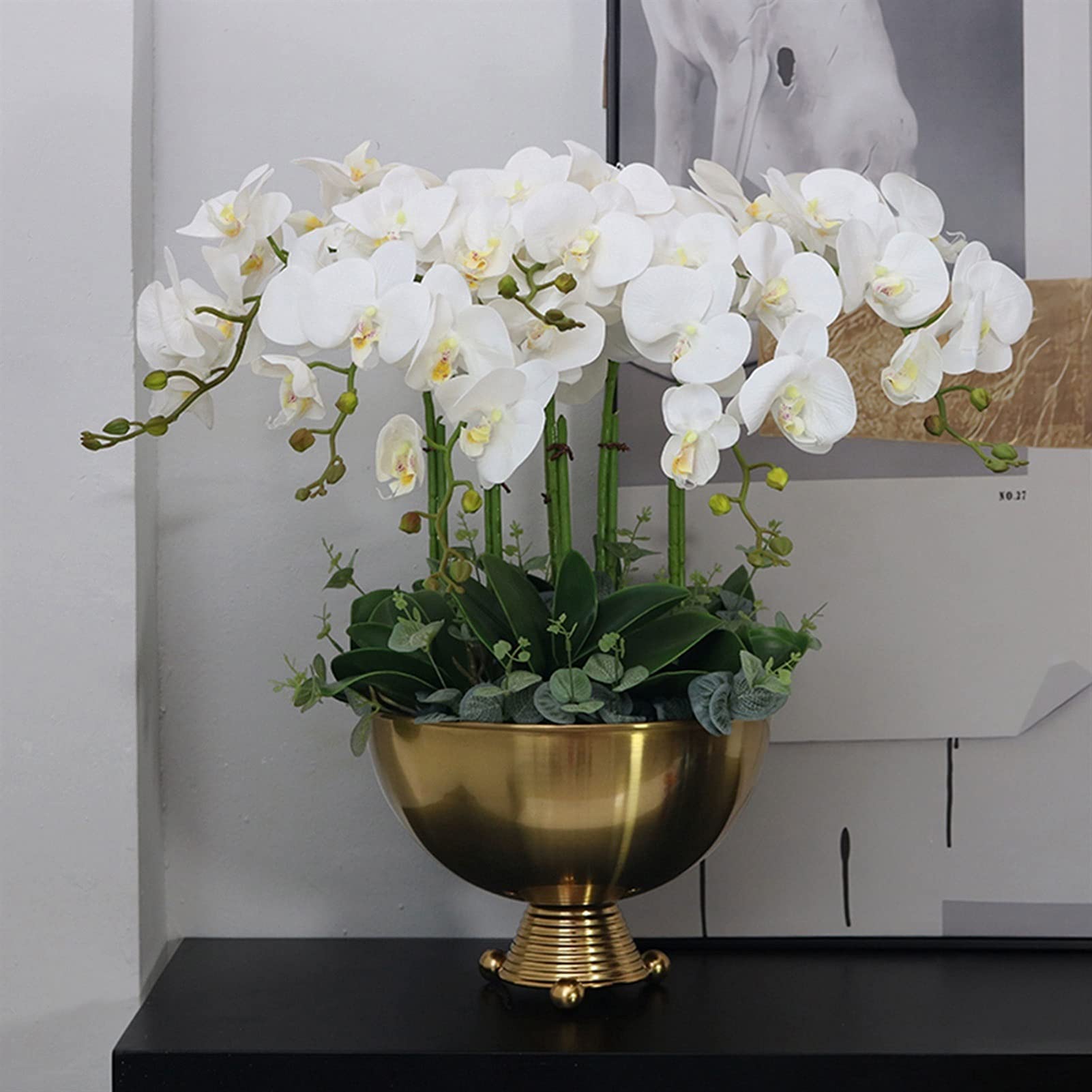 Kunstpflanze mit Übertopf Große künstliche Orchidee Anordnung Blume mit Goldener Vase, Faux Phalaenopsis Bonsai für Home Office Hochzeitsdekoration Ornament künstliche Blumenarrangements