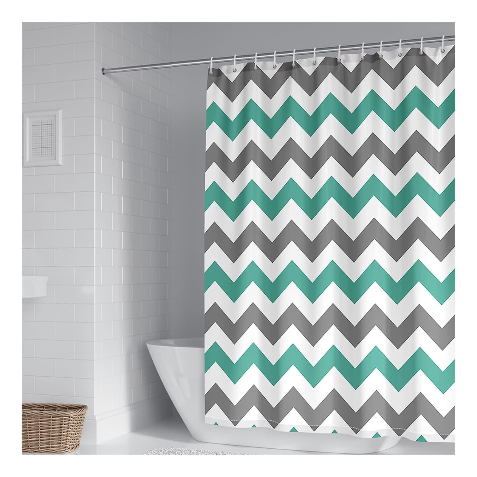Cortina de ducha de 180 x 200 cm, textil gris, azul turquesa blanco, verde y gris, patrón de ondas, cortina de baño, poliéster, antimoho, secado rápido, 1,8 x 2 m de largo (ancho x alto) con