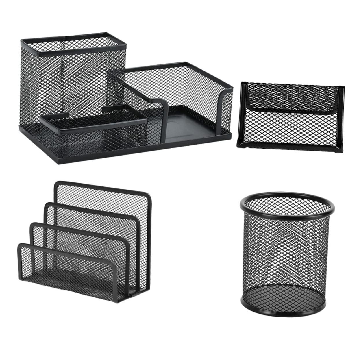 Set di Contenitori da Scrivania in Ferro Nero per Organizzare Carte | 4 Pezzi, Struttura Ispessita, Uso Multifunzione, Supporto per Biglietti da Visita e Oggetti Vari