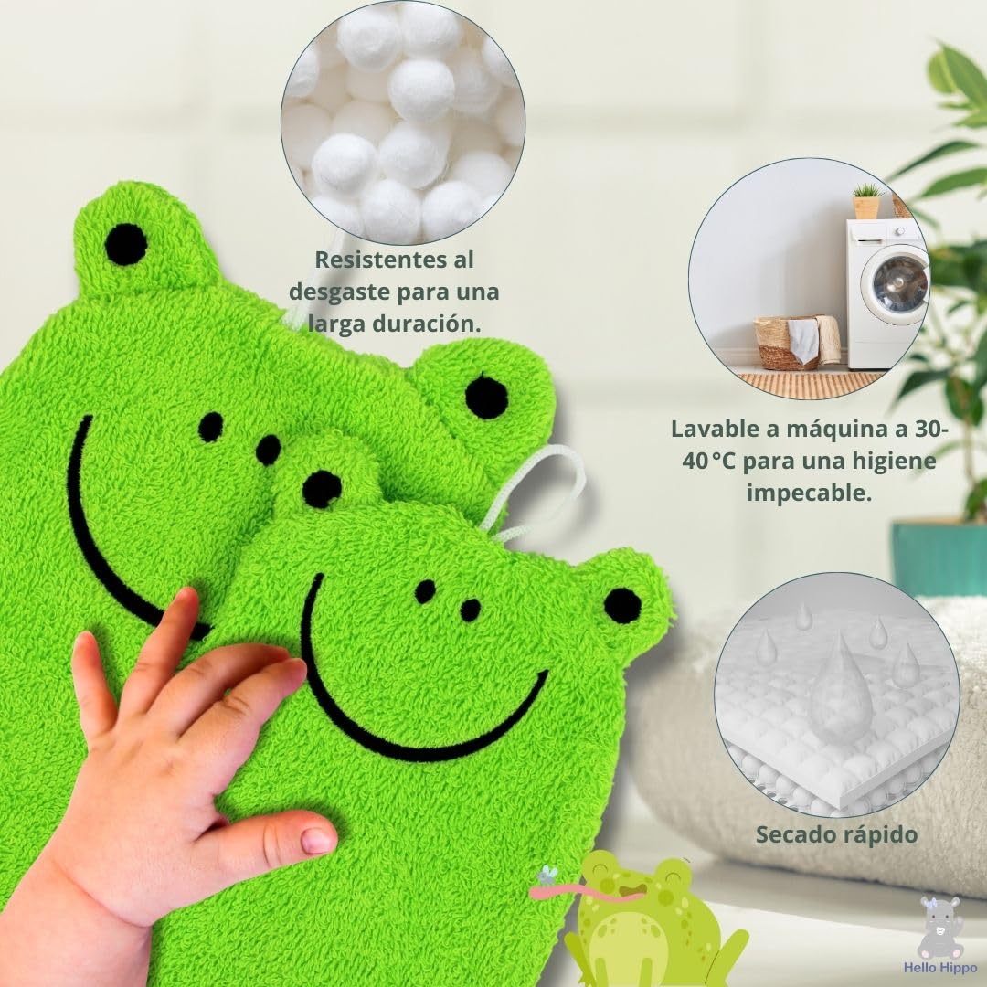 Hello Hippo® Juego de 6 Manoplas de Baño Bebé – 3 para Padres + 3 para Niños – 100% Algodón Suave – Tigre, Pollito y Rana – Esponjas Bebé, Recién Nacido Lavables