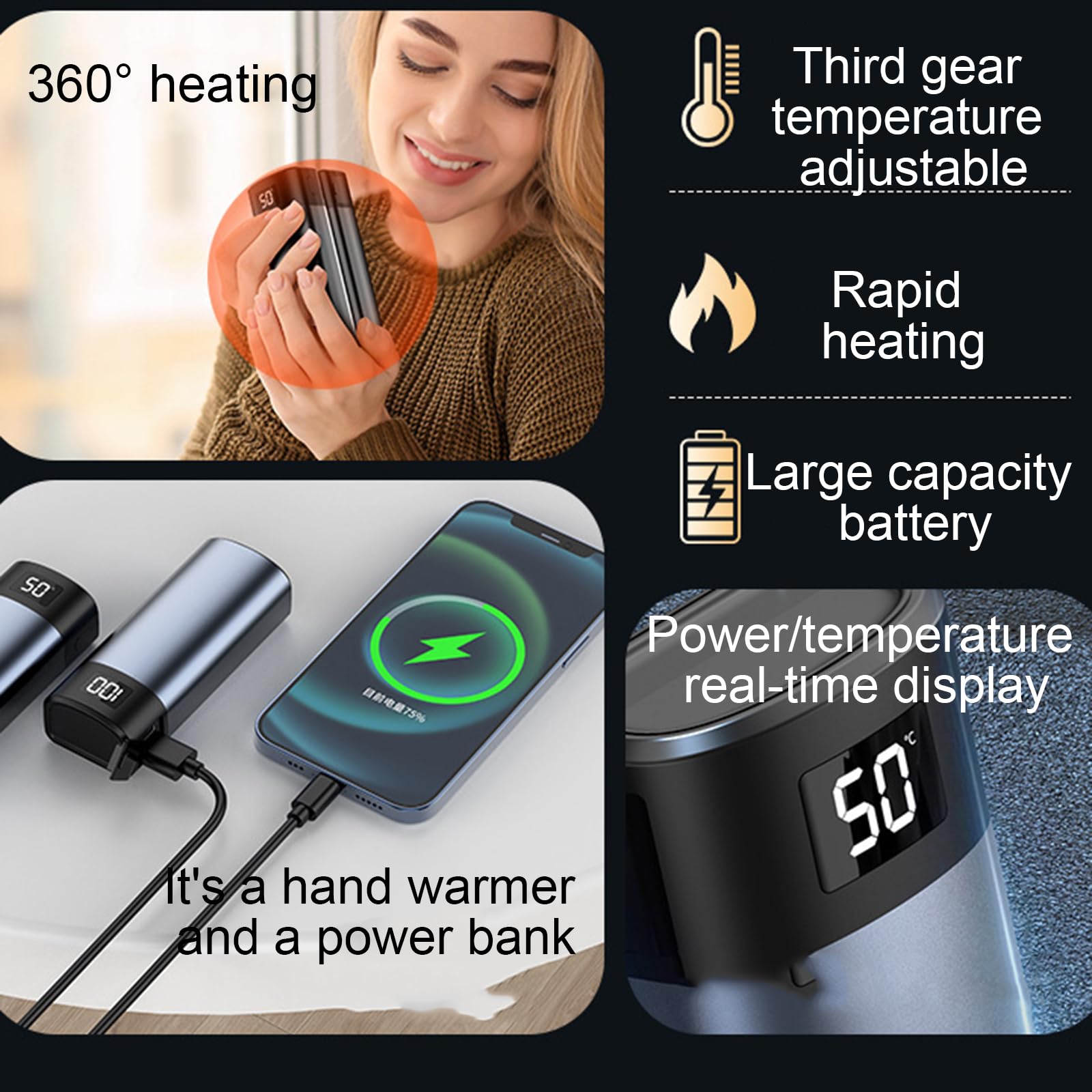 Ogrzewacz do rąk z ogrzewaniem przestrzennym 360°, inteligentnym wyświetlaczem i trzema ustawieniami temperatury – idealny do wędkowania, podróży i biwakowania