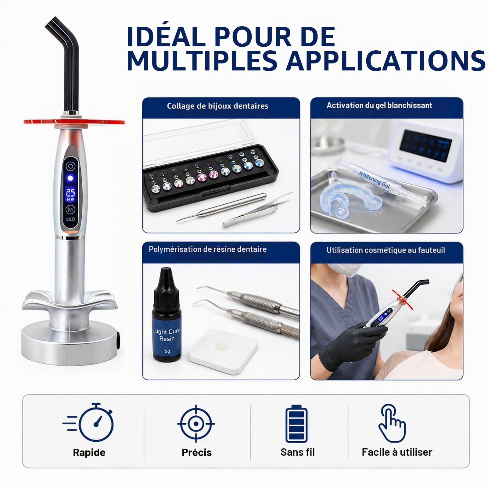 Kit de décoration Dentaire LED,Lampe LED pour Bijoux dentaires,Appareil polymérisation UV LED buccal,Modes d'intensité Variable(clignotement Puissant et progressif),Outil pour kit décoration