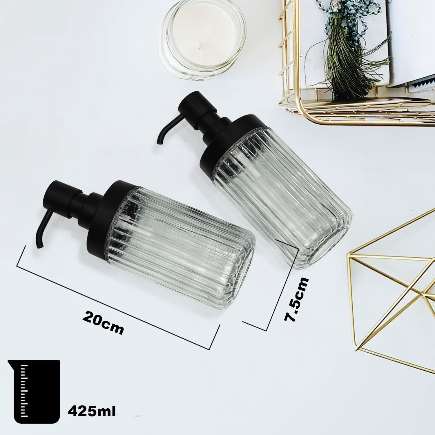 2 PCS Glass Soap Dispenser Set for Bathroom & Kitchen Sink Refillable Liquid Soap Bottle with Squeeze Pump for Hand Dish Soap, Shower Gel, Shampoo and Conditioner-425ML - Image 5