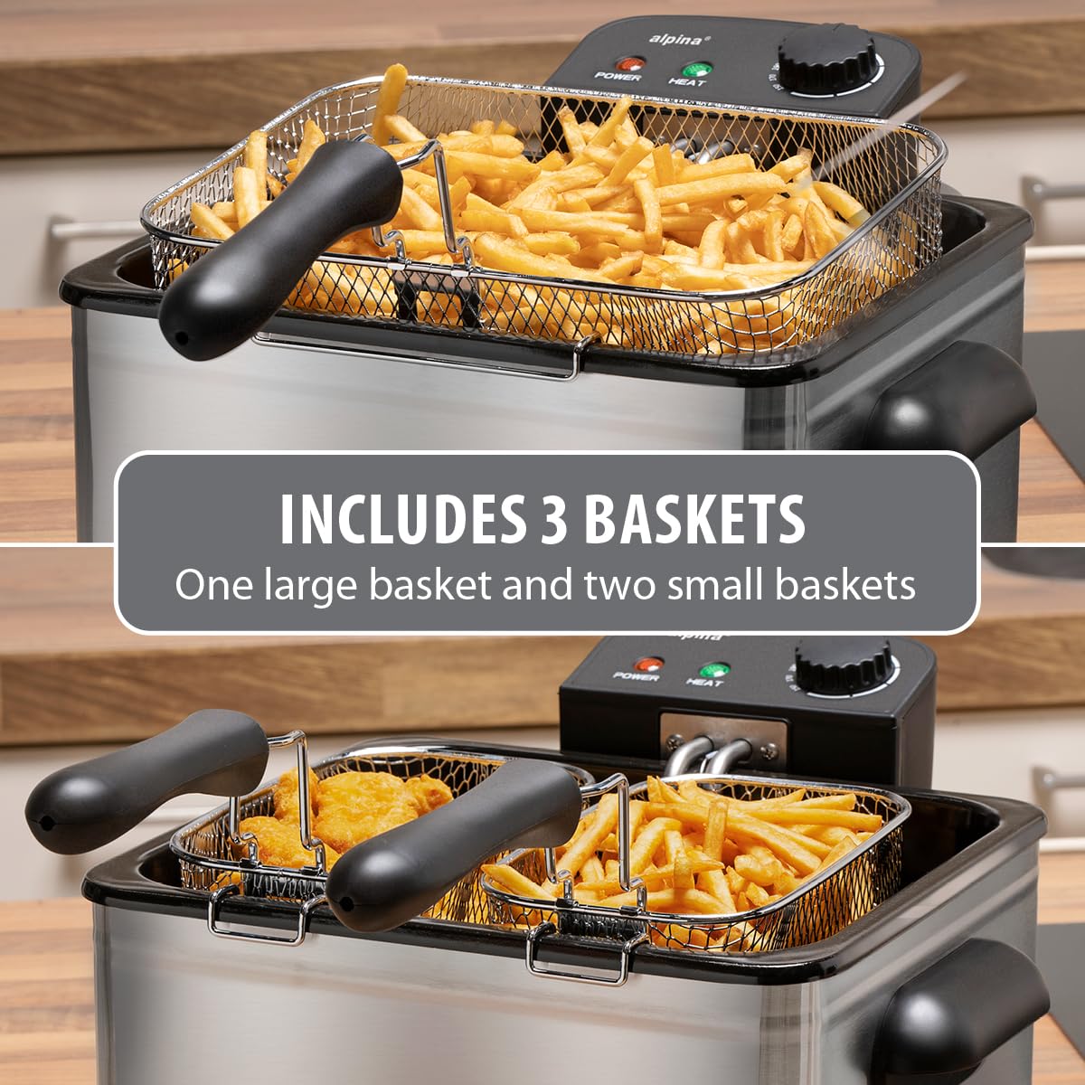 alpina Friggitrice 5L – Doppia friggitrice con termostato regolabile – Friggitrice con olio e 3 cesti estraibili – Deep Fryer 2000 W – 27,5 x 21,5 x 30,5 cm – Acciaio inossidabile argento
