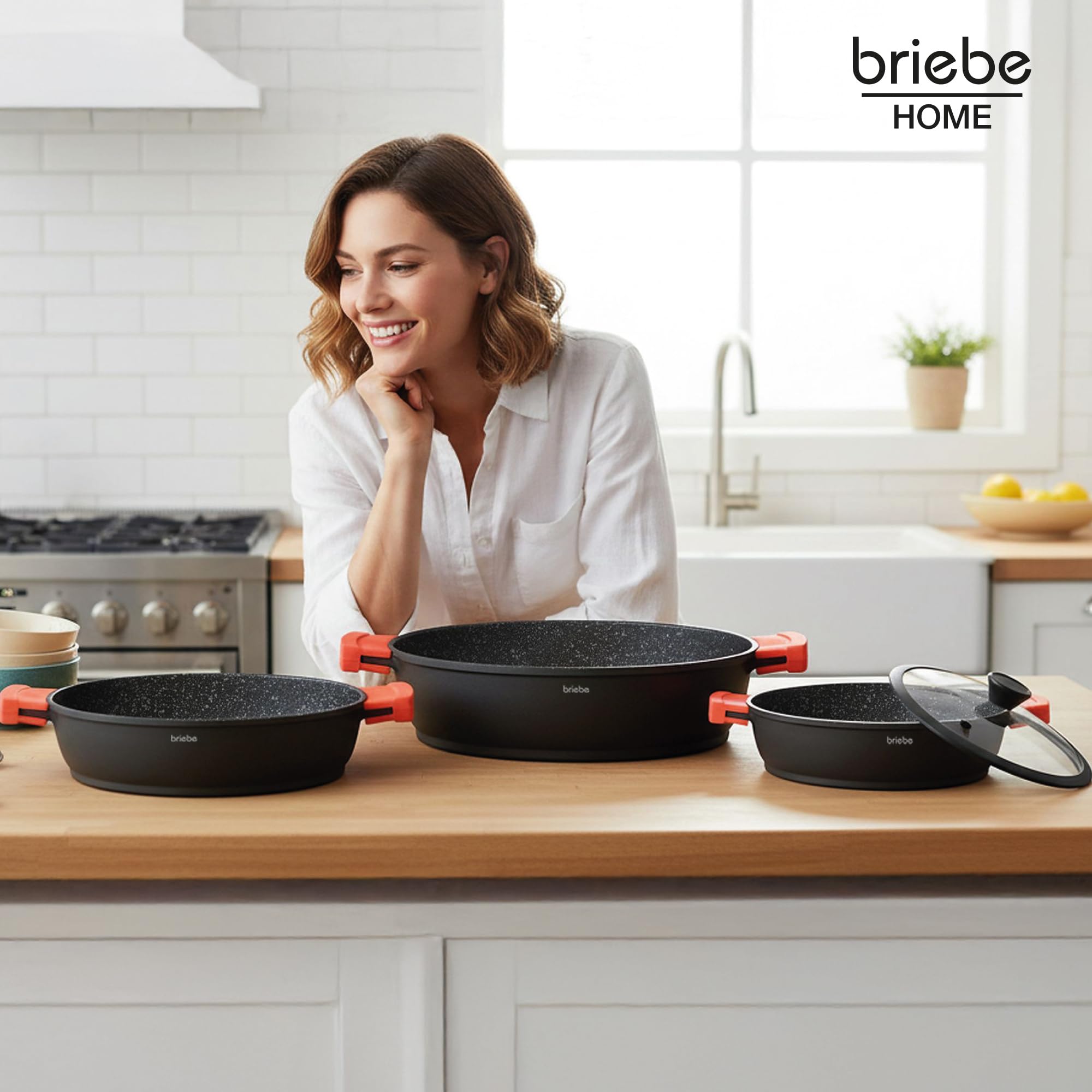 briebe Black Titanium Faitout Basse Induction Antiadhésif Titane, Casserole 24cm, Fonte d'Aluminium, Revêtement sans PFOA, Couvercle en Verre, Poignées Silicone, Vitrocéramique, Gaz, Four