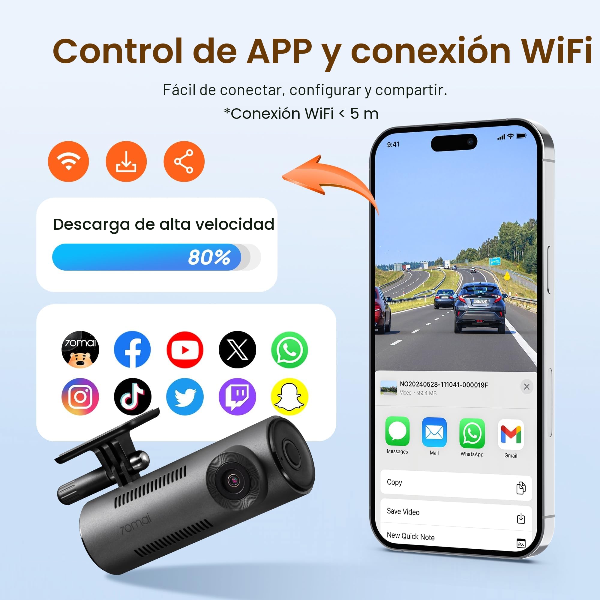 70mai Dash CAM M310 Plus 3K, 1620P Dashcam Auto, WiFi, Visión Nocturna, Detección de Movimiento, Grabación Time-Lapse, WDR, Grabación en Bucle, Modo Aparcamiento, WiFi, App, MAX 256 GB