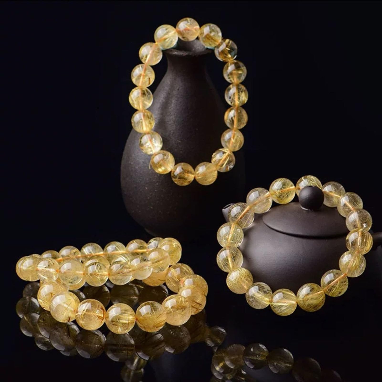 Braccialetti quarzo rutilato naturale, braccialetti elasticizzati perline | Bracciale in cristallo di titanio citrino per portare ricchezza, successo, energia curativa per unisex