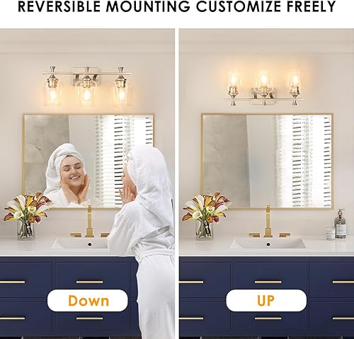 Miniatura 5 de Lámpara de tocador de baño de 3 luces, accesorios de iluminación de baño plateados sobre el espejo, apliques de pared modernos con pantalla de