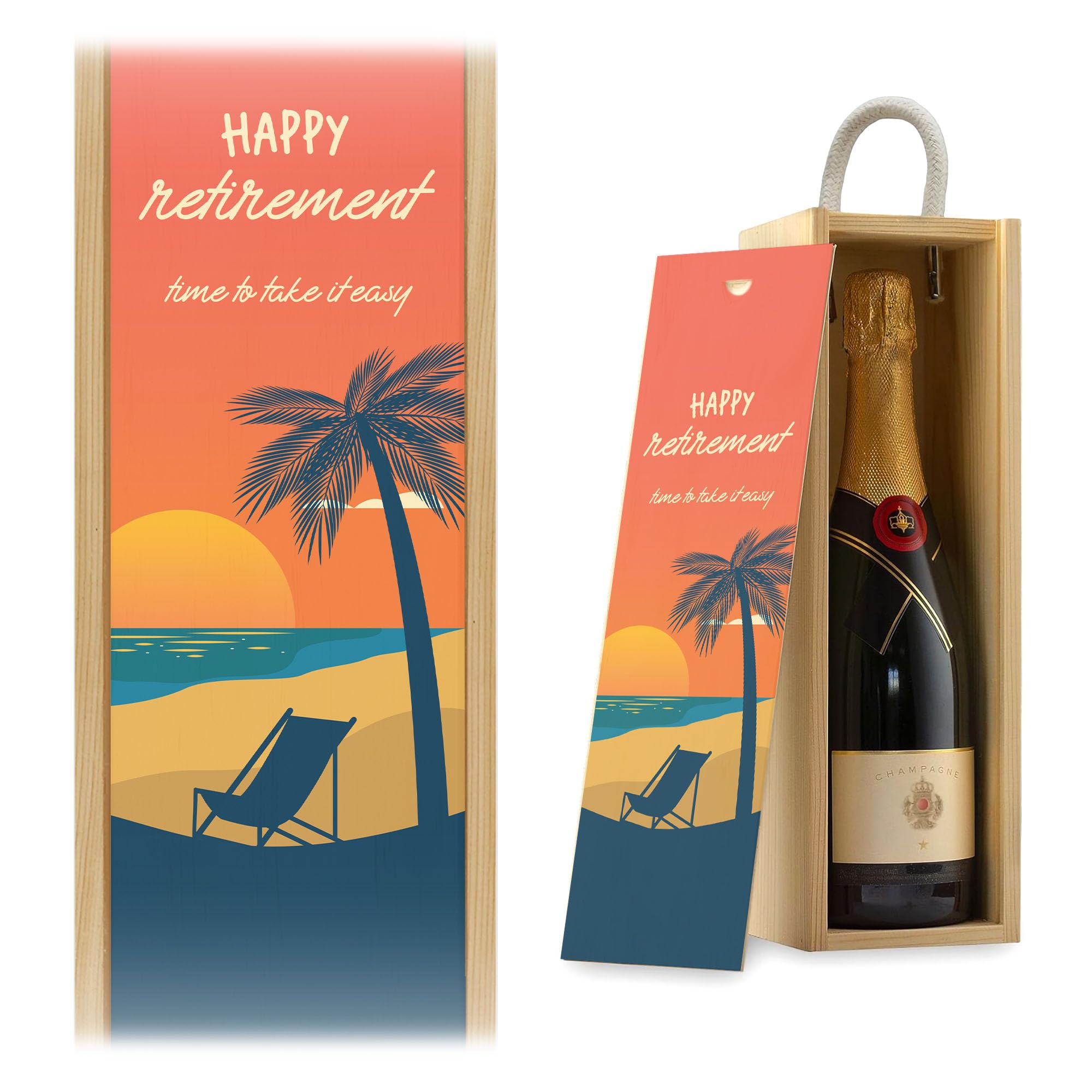 Happy Retirement Beach Champagne Wine Gift Box Retirement Gift For Her For Him Colleague Gift Funny Wine Lover Gift Box (Natural Box)