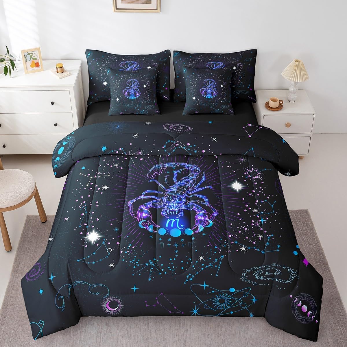 Erosebridal Scorpio Queen Size Comforter Set Trippy Cosmos Bedding Comforter Sets, Neon Blue Nebula Bed in a Bag 7pcs Zodiac Astrology Bedding Set, Psychedelic Celestial Horoscope Bed Set