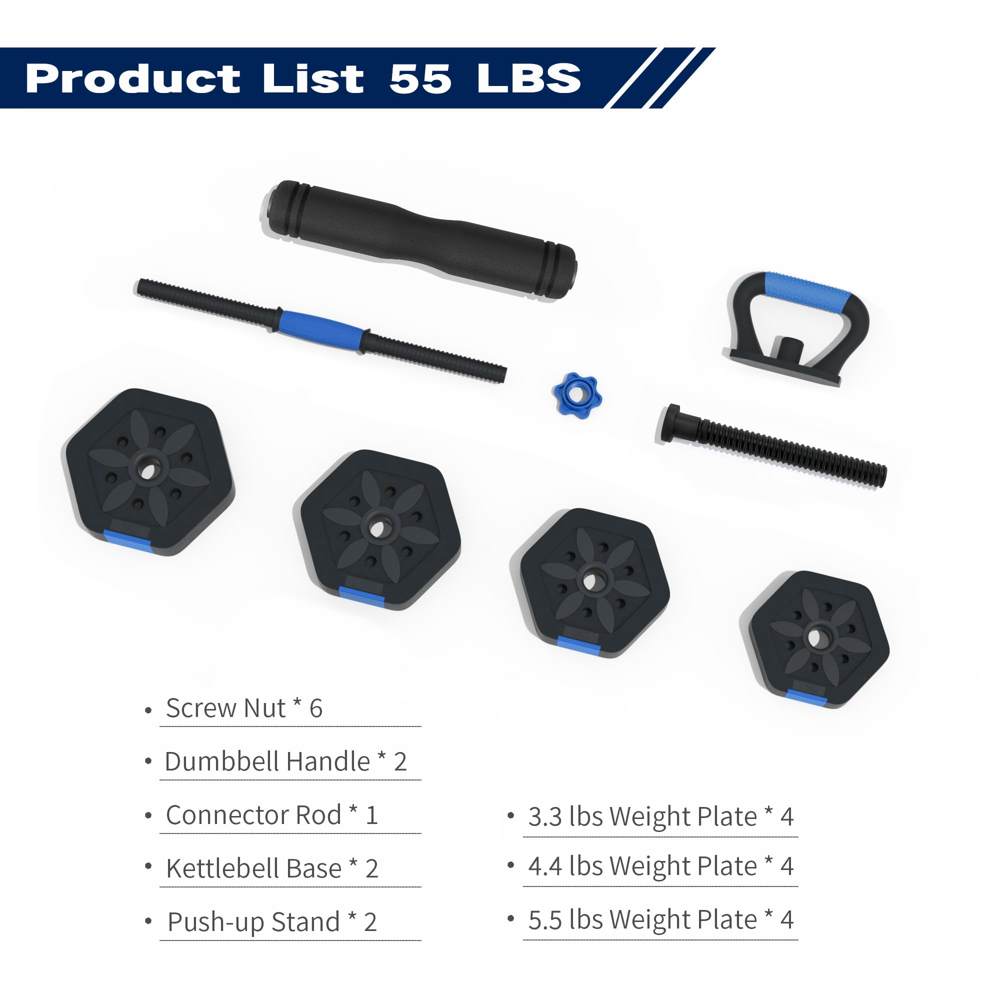 VIVITORY Juego de mancuernas ajustables, pesas libres con conector, juego de mancuernas ajustables que no ruedan, barra para gimnasio en casa, hexagonal, mezcla de cemento