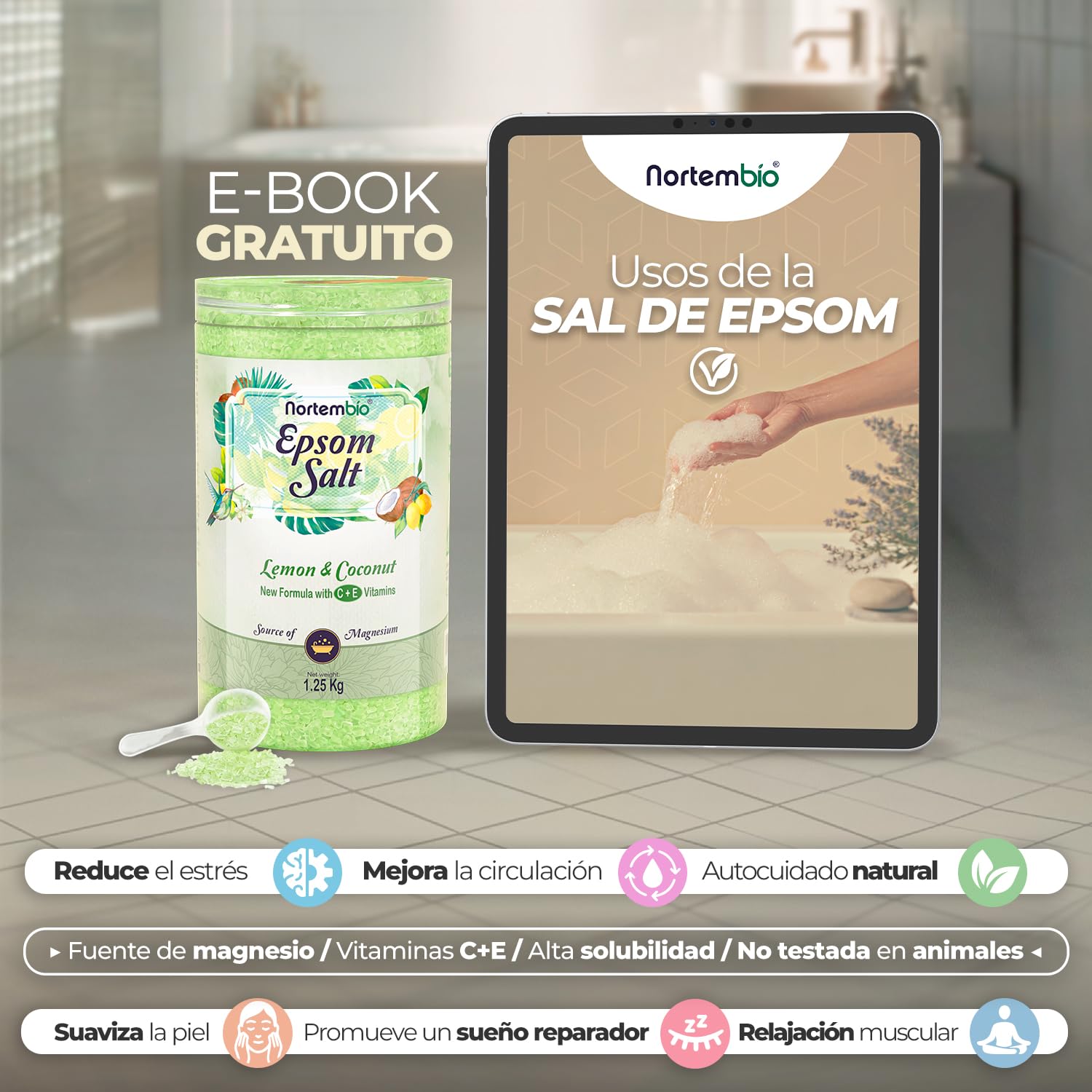 Nortembio Sales de Epsom con Fragancias 6 kg Sal de Magnesio Premium para Baño Relajante y Cuidado Muscular Vainilla y Canela