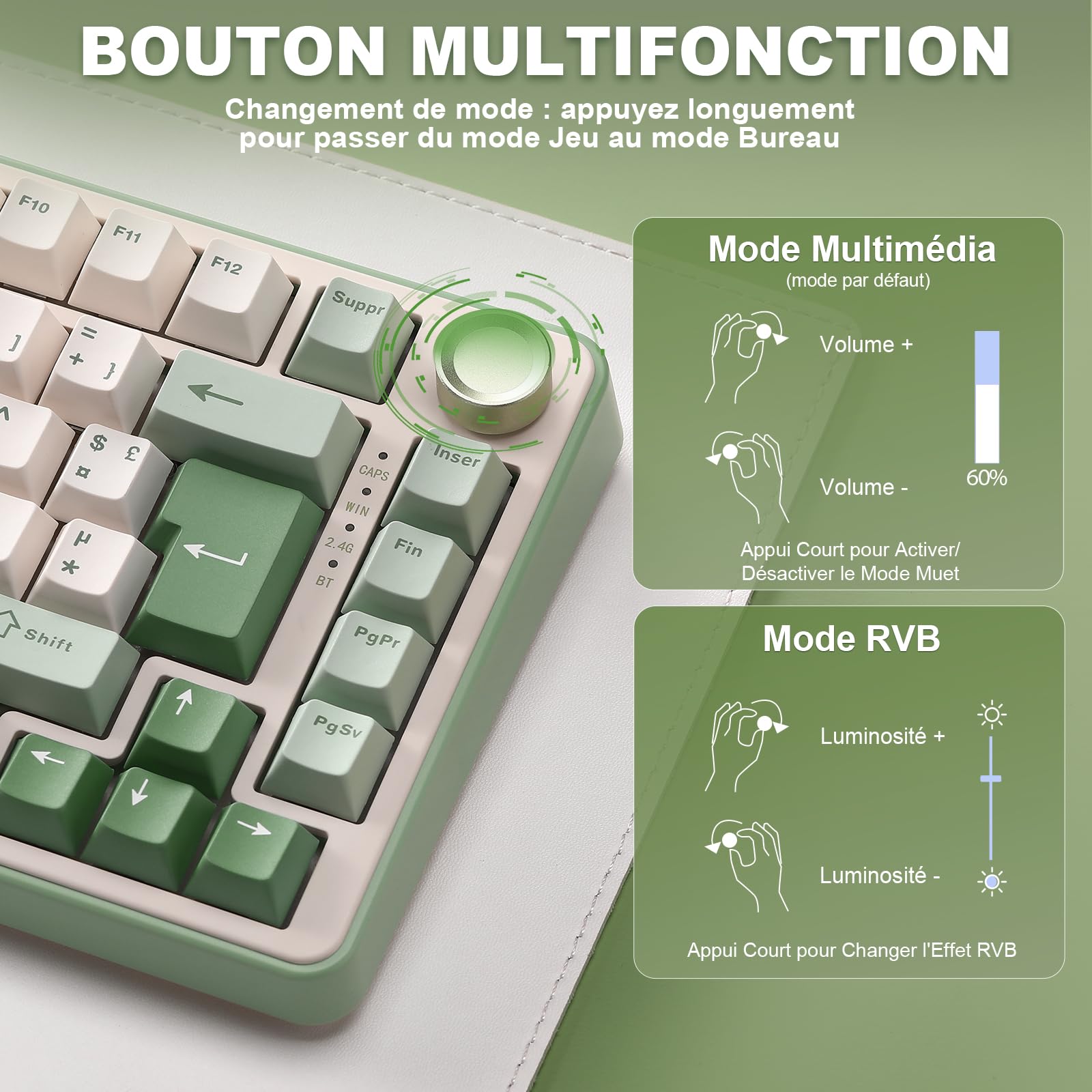 YUNZII B75 PRO Teclado mecánico inalámbrico para juegos, diseño AZERTY, formato 75%, Bluetooth 5.0/2.4GHz/USB-C, RGB, conmutadores intercambiables en caliente, estructura gasket (Matcha Green, Milk | francés. Disposición 75%, Bluetooth 5.0/2,4/USB-C con c