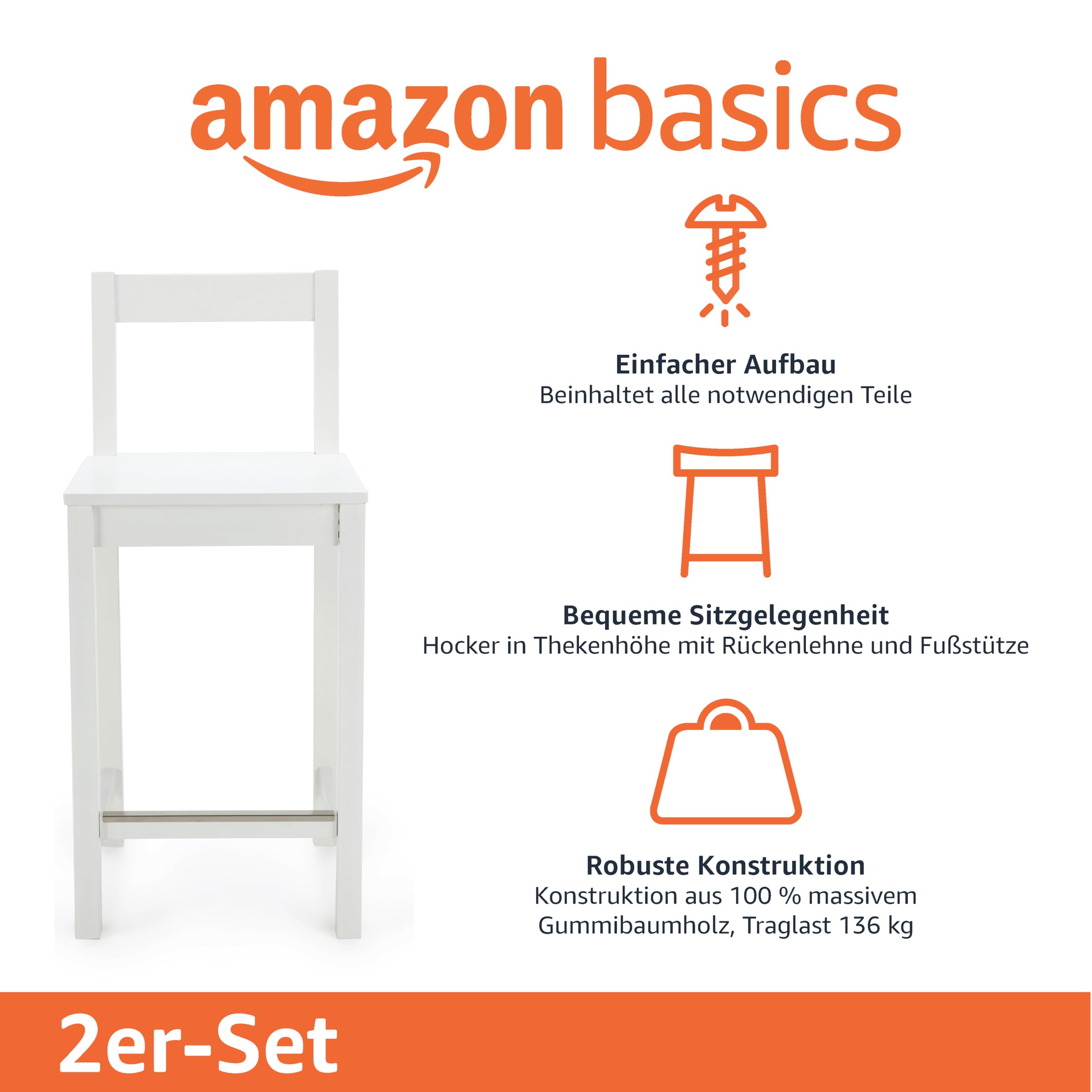 Amazon Basics Küchenhocker aus Holz, Barhocker mit Rückenlehne, Esszimmerstuhl, einfache Montage, modern, 2 Stück, 88 cm hoch, Weiß