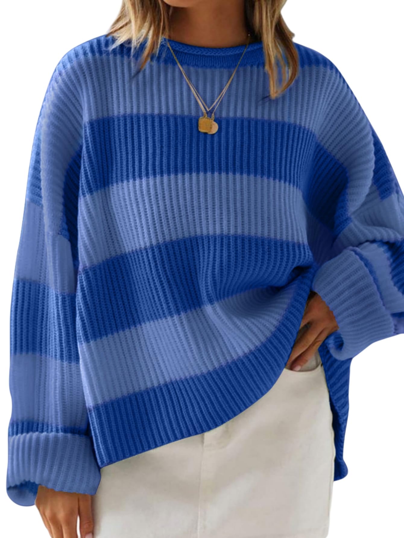 Simier Fariry Women Fall Oversized Pullover Sweater Drop Shoulder Long Sleeve Comfy Knitwear Retro Stripe Casual Outfit 2025
