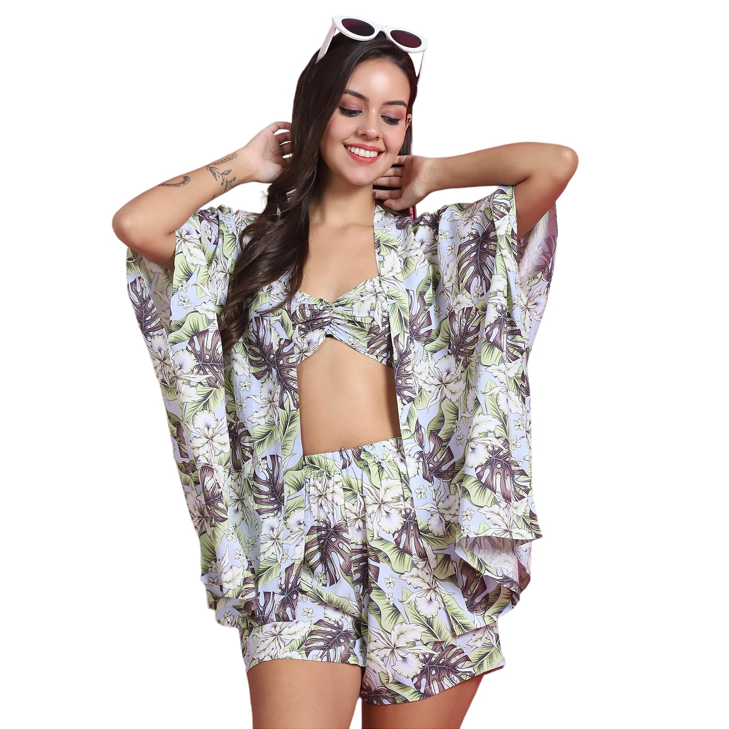 Floral Printed V-Neck Sleeveless Top with Short & Robe.-image-39