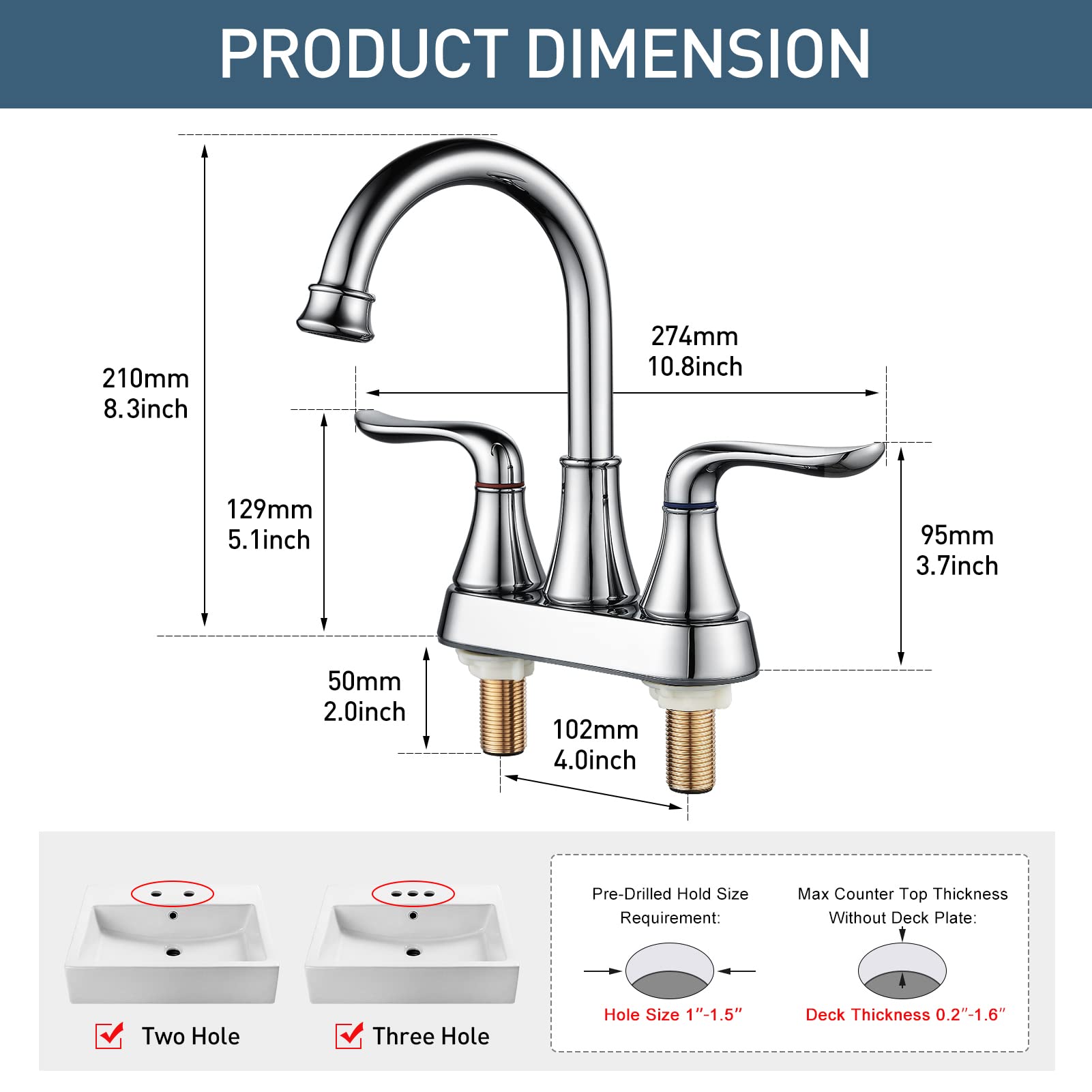 Bathroom Sink Faucet GENBONS 4 Inch 2 Handle Centerset Bathroom Faucet Chrome Bath Sink Faucet with Pop-up Drain Stopper and Supply Hose, Bathroom Faucets California Compliant