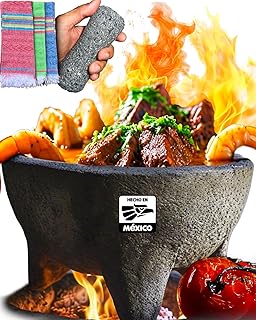Authentic Molcajete Mexicano Made of Volcanic Rock | 3 Pcs Set (Pestle + MexTowel + Mortar) High-Heat Resistant, Mexican Mortar and Pestle Set, Guacamole Bowl and Masher