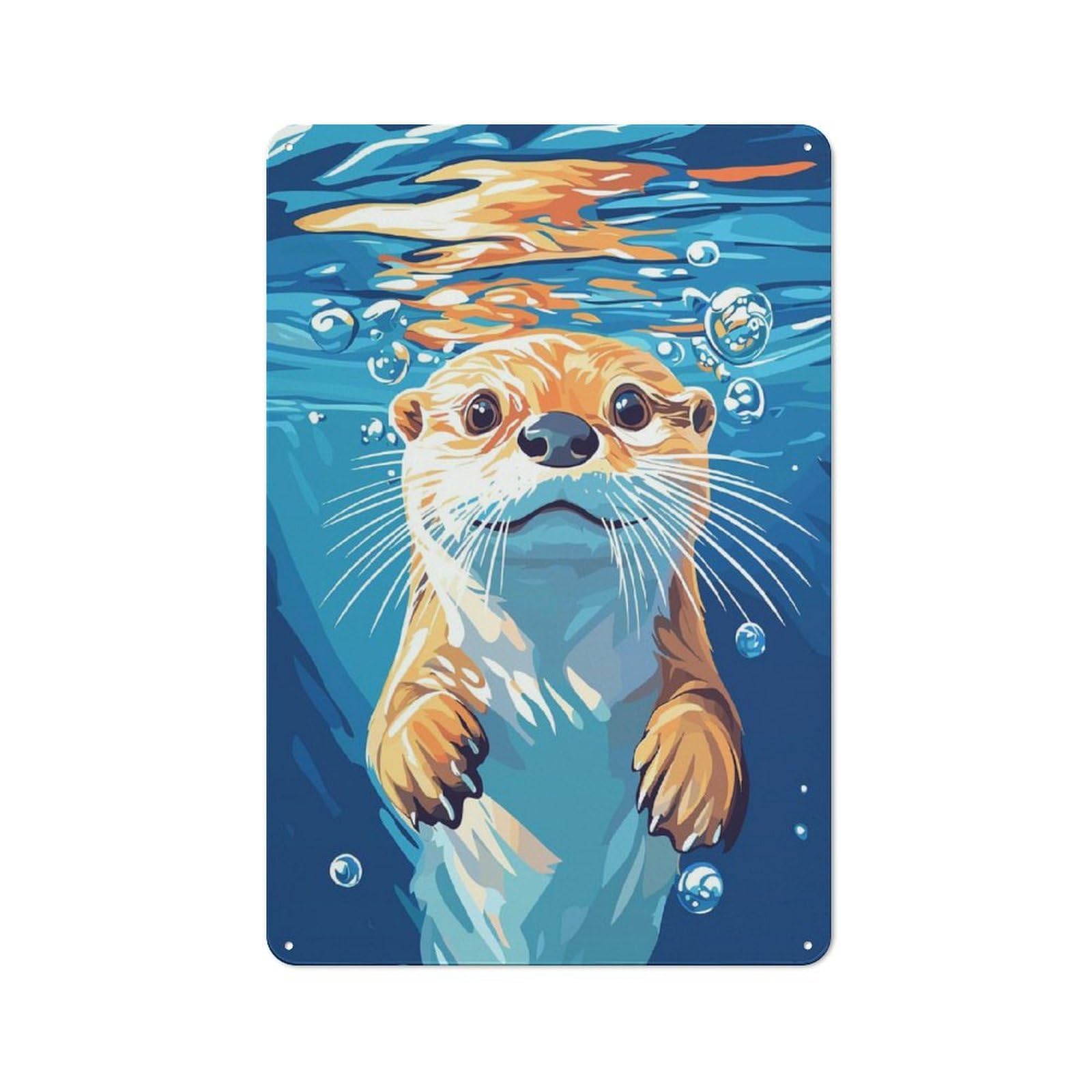 Junmoney Otter Swimming Underwater Illustration Kitchen Metal Sign With Design 30X20cm, Cosy Kitchen Wall Decor For Bakery, Diner, Cafe Or Family Room