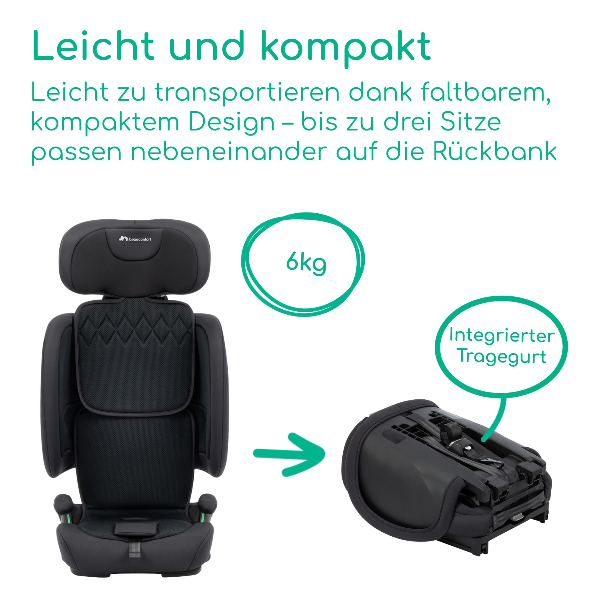 Bebeconfort Ever & Go i-Size, Mitwachsender Kindersitz 9-36 kg, 15 Mon. bis 12 J., 76-150 cm, Klappbarer Kinderautositz, Kompakt + Leicht (6 kg), 15 Kopfstützenpositionen, Full Black