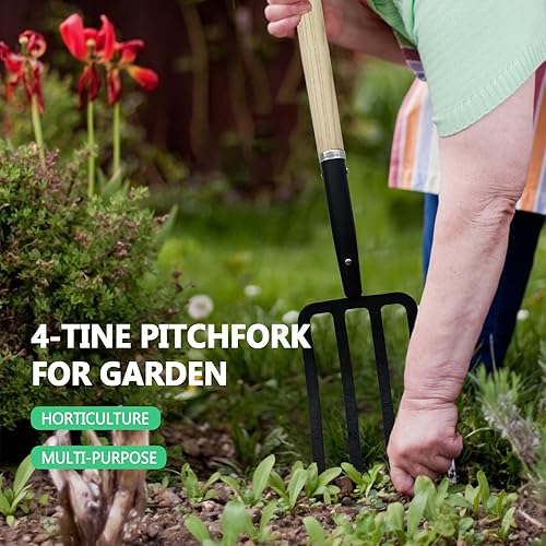 Miniatura 4 de Horquilla de jardín, horquilla de 4 dientes, tenedor de excavación de spading, agarre en Y de acero forjado, mango de madera, 45 pulgadas