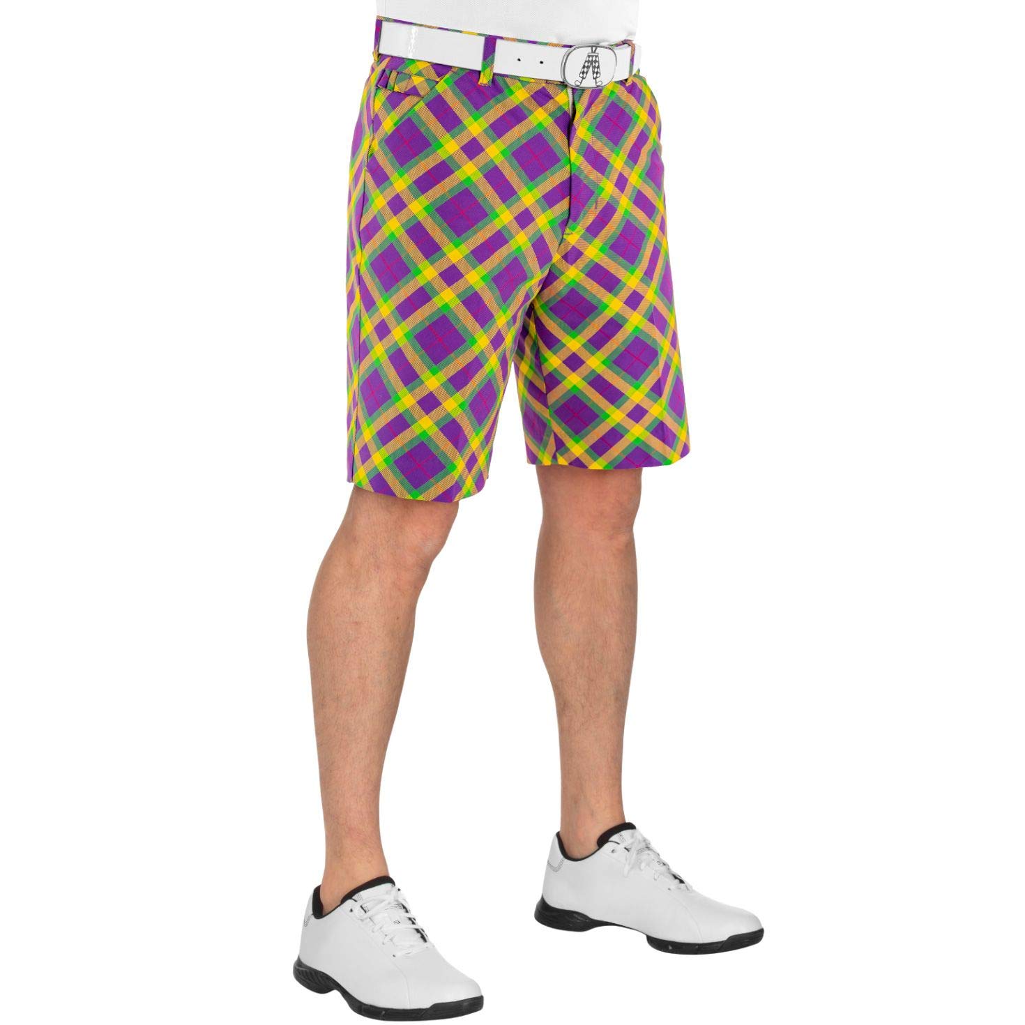 Royal & Awesome Mardi Grass Tartan Men's Golf Shorts, Bold Tartan Stretch Cotton Golf Shorts for Men, Comfortable On-Course Wear, 30 Waist